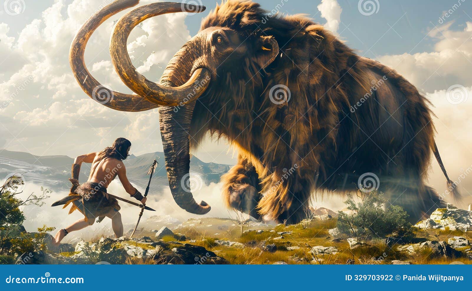 primitive caveman warrior using a spear to attack and confront a massive woolly mammoth in a vast rugged wilderness field