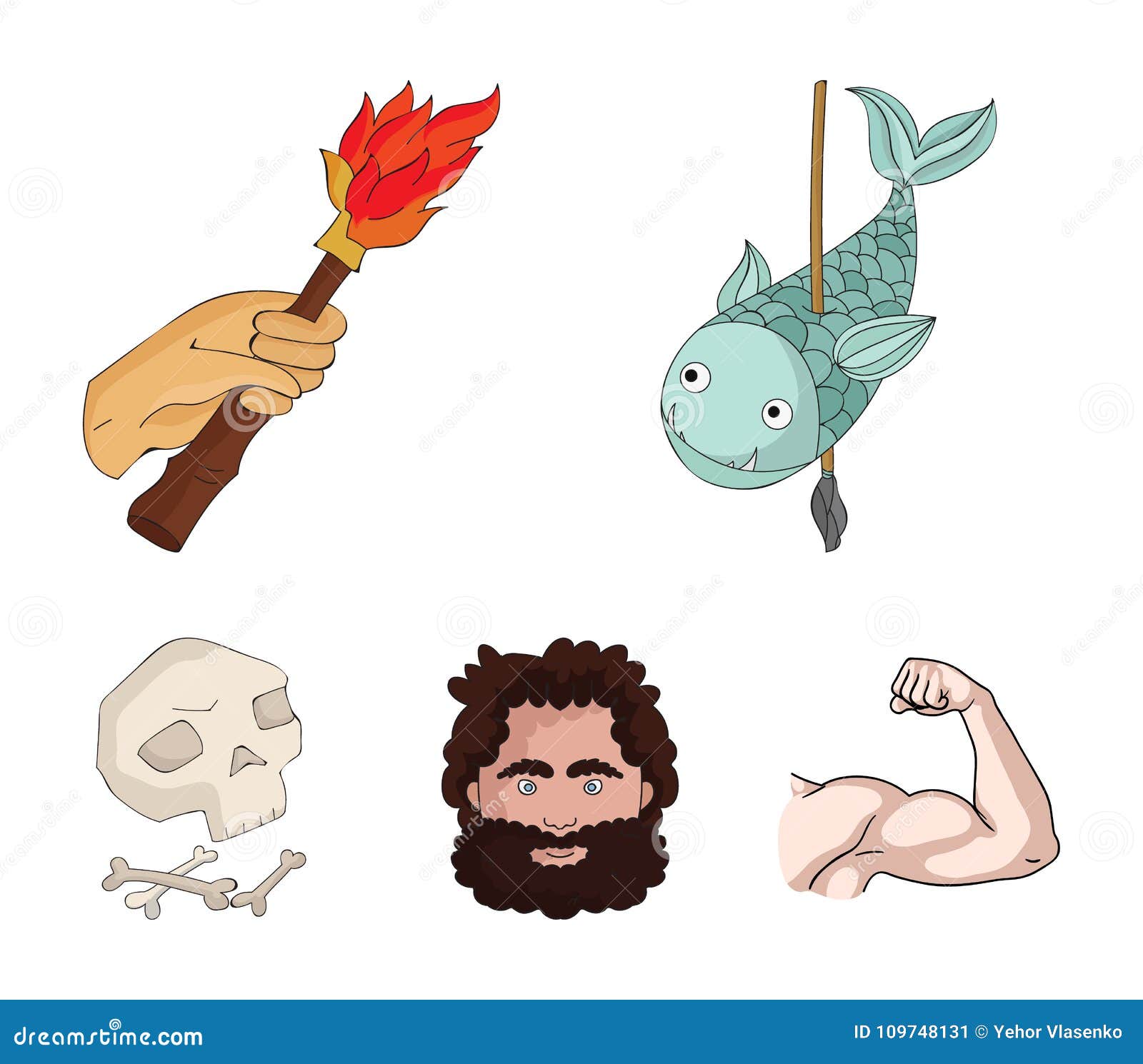 Primitive, Fish, Spear, Torch .Stone Age Set Collection Icons in