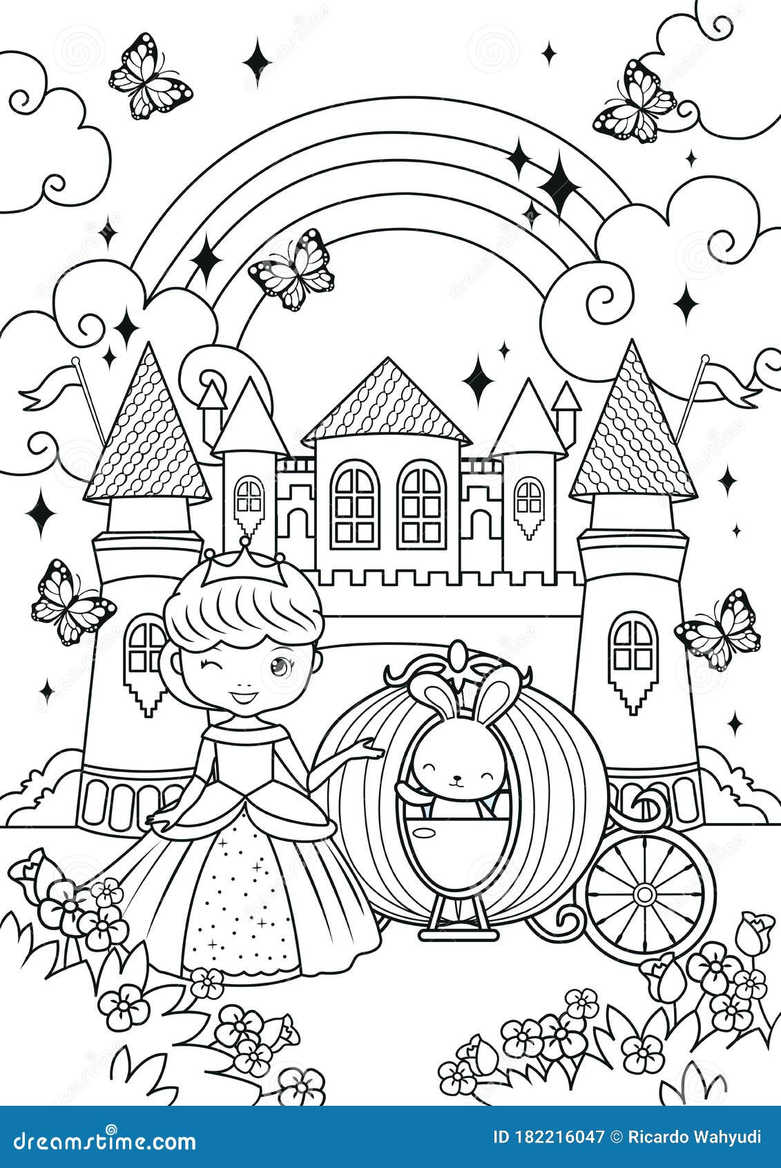 Livro de colorir. castelo da princesa das fadas. planilha de atividades  para crianças. jogo de arte infantil. ilustração vetorial.