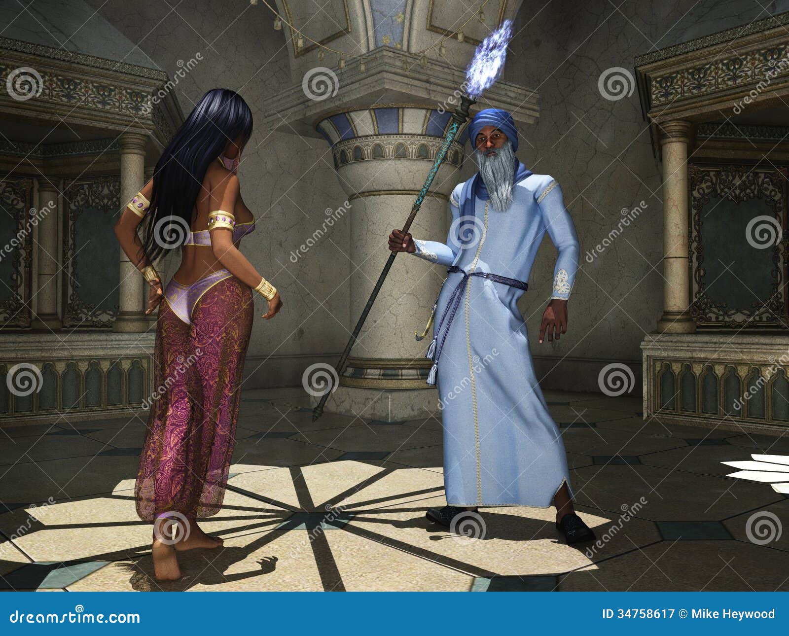 A princesa o vizir. O vizir farpado branco idoso no turbante e leva o pessoal mágico com a princesa árabe vestida no traje do harém
