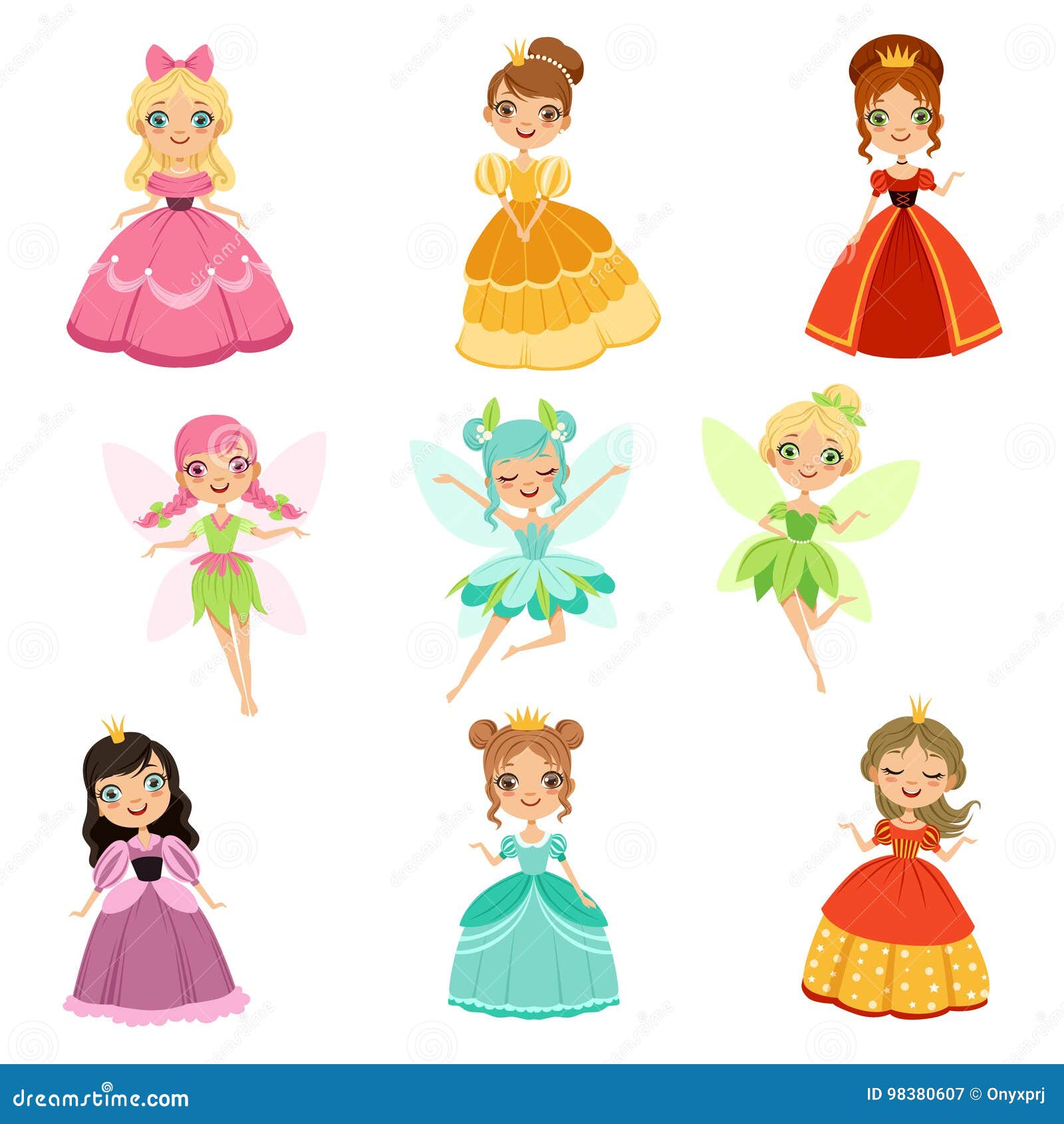 Princesas Divertidas De La Fantasía De La Historieta En Diversos Vestidos Y  Trajes Sistema Del Ejemplo Del Vector Del Cuento De H Ilustración del  Vector - Ilustración de pelo, manera: 98380607