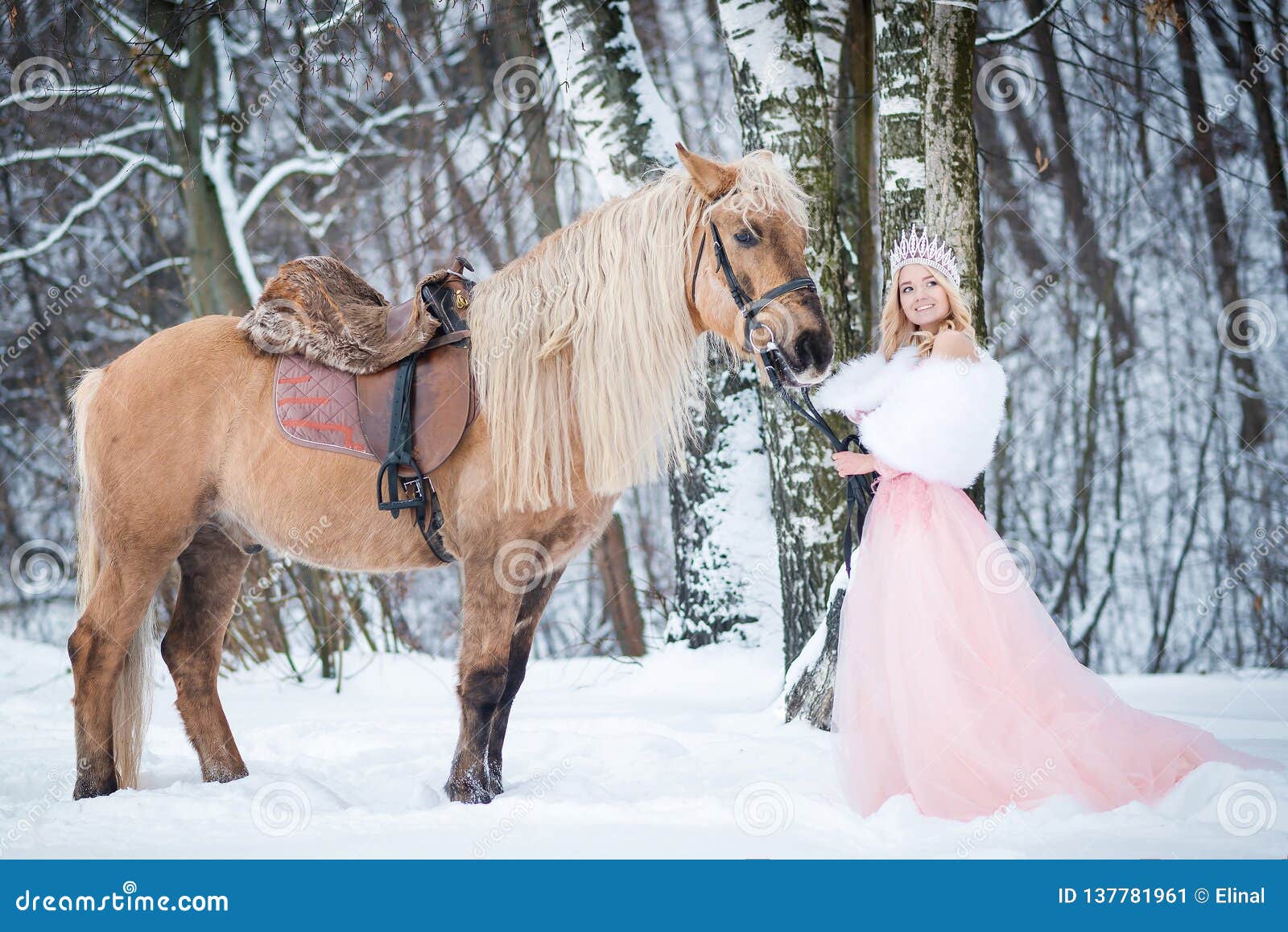Princess in Crown with Horse in Winter. Fairy Tale. Romantic Fanatsy