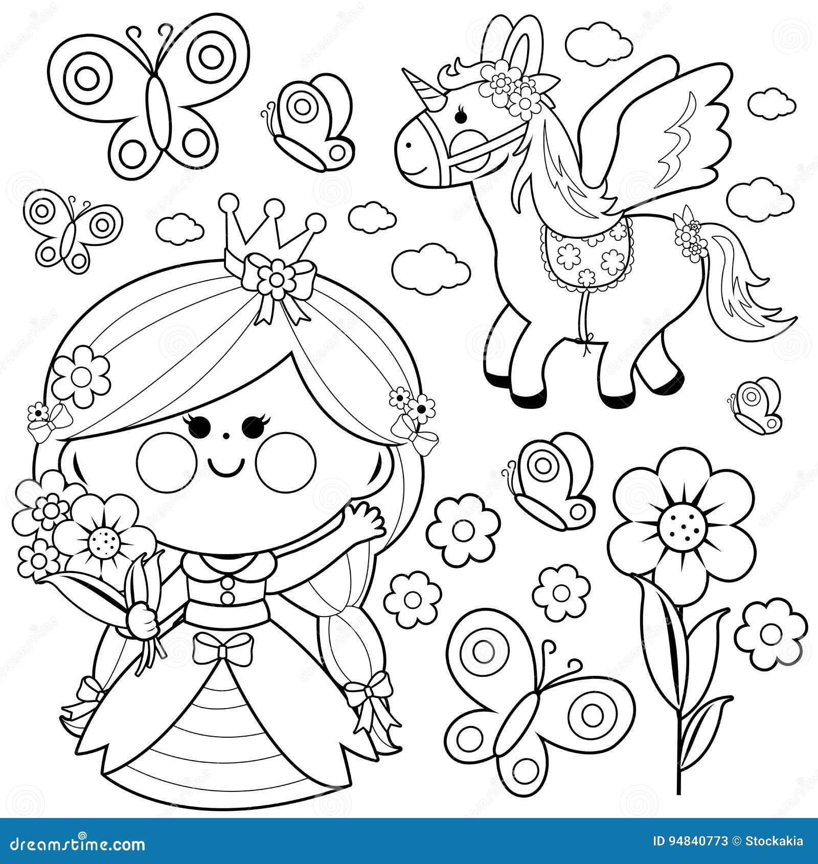 Beautiful Princess And Unicorn Coloring Page Cartoon Vector | CartoonDealer.com #18765175