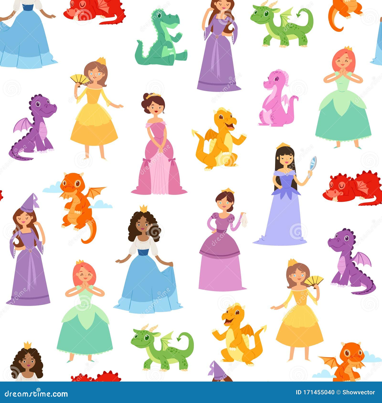 princess and medieval girls and dragons seamless  pattern. fairytale girls princesses in colorful dresses and