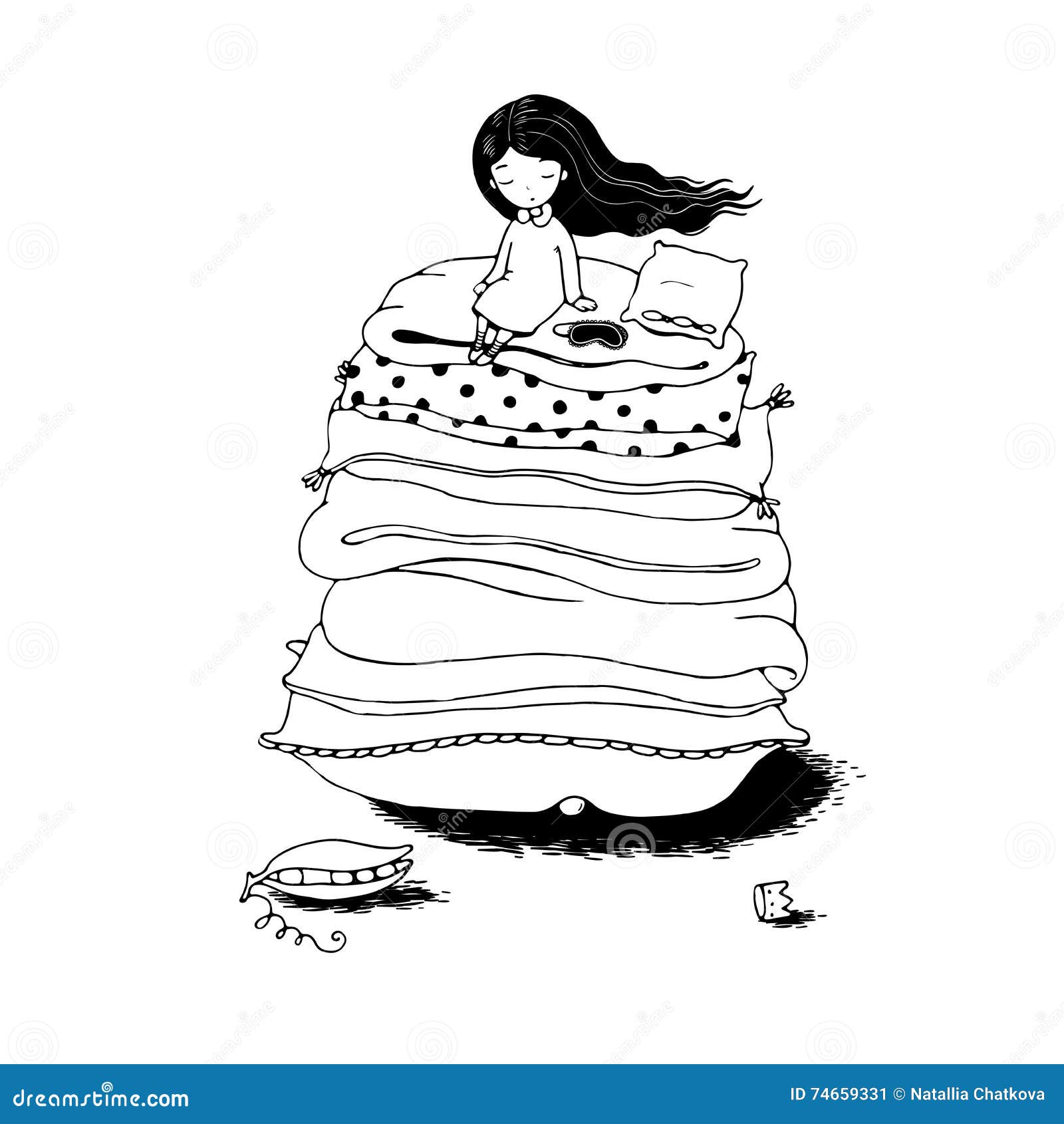 stock illustration princess pea blankets pillows hand drawing isolated objects white background vector illustration image