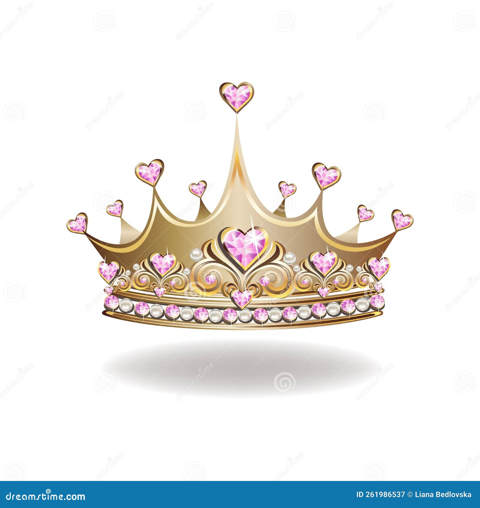 Princess Crown or Tiara with Pearls and Pink Gems Stock Vector