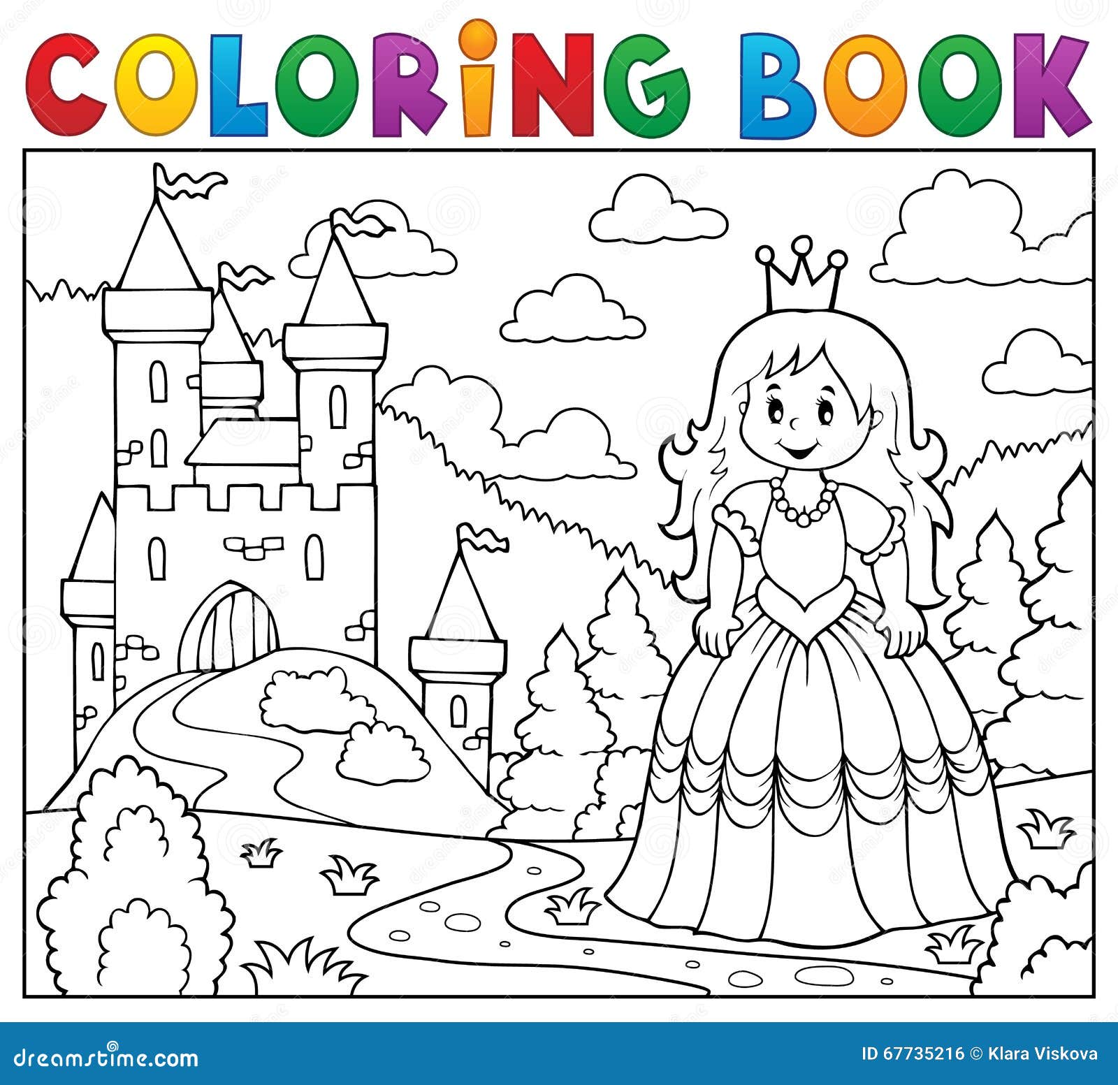 Princesse de livre de coloriage pr¨s de ch¢teau