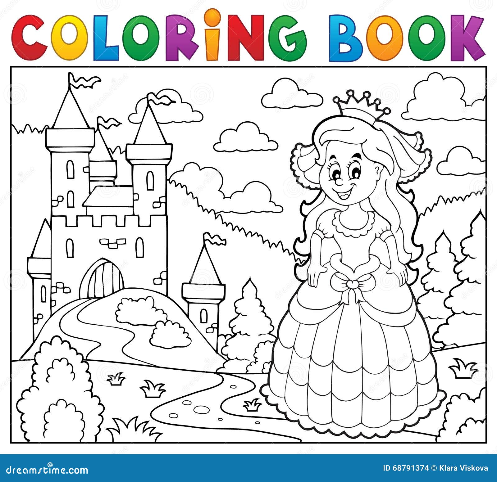 Princesse heureuse de livre de coloriage pr¨s de ch¢teau