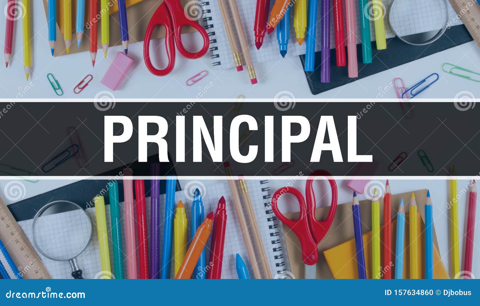 principal with school supplies on blackboard background. principal text on blackboard with school items and s. back to