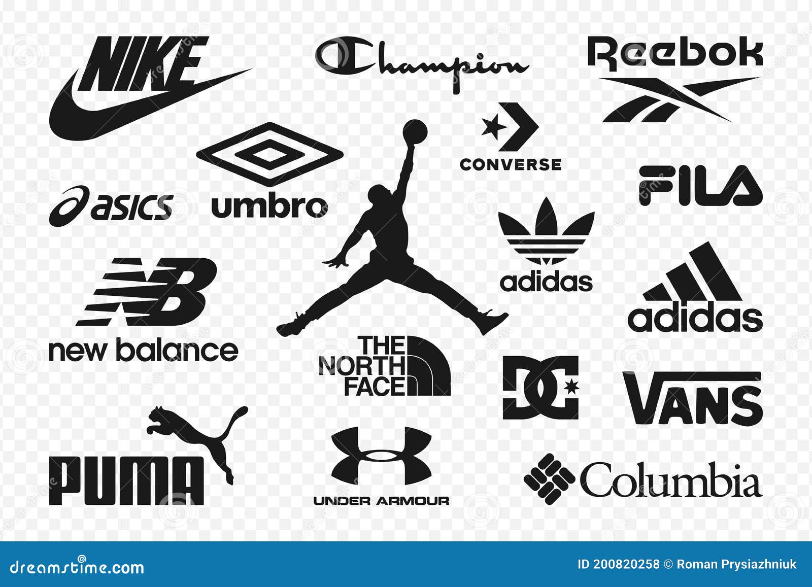 Principales Logotipos De Marcas De Ropa. Conjunto Del Logo Más Popular Nike Adidas Reebok Puma Nuevo Balance Bajo Cara Norte Foto de archivo editorial - Ilustración de aire, reebok: 200820258