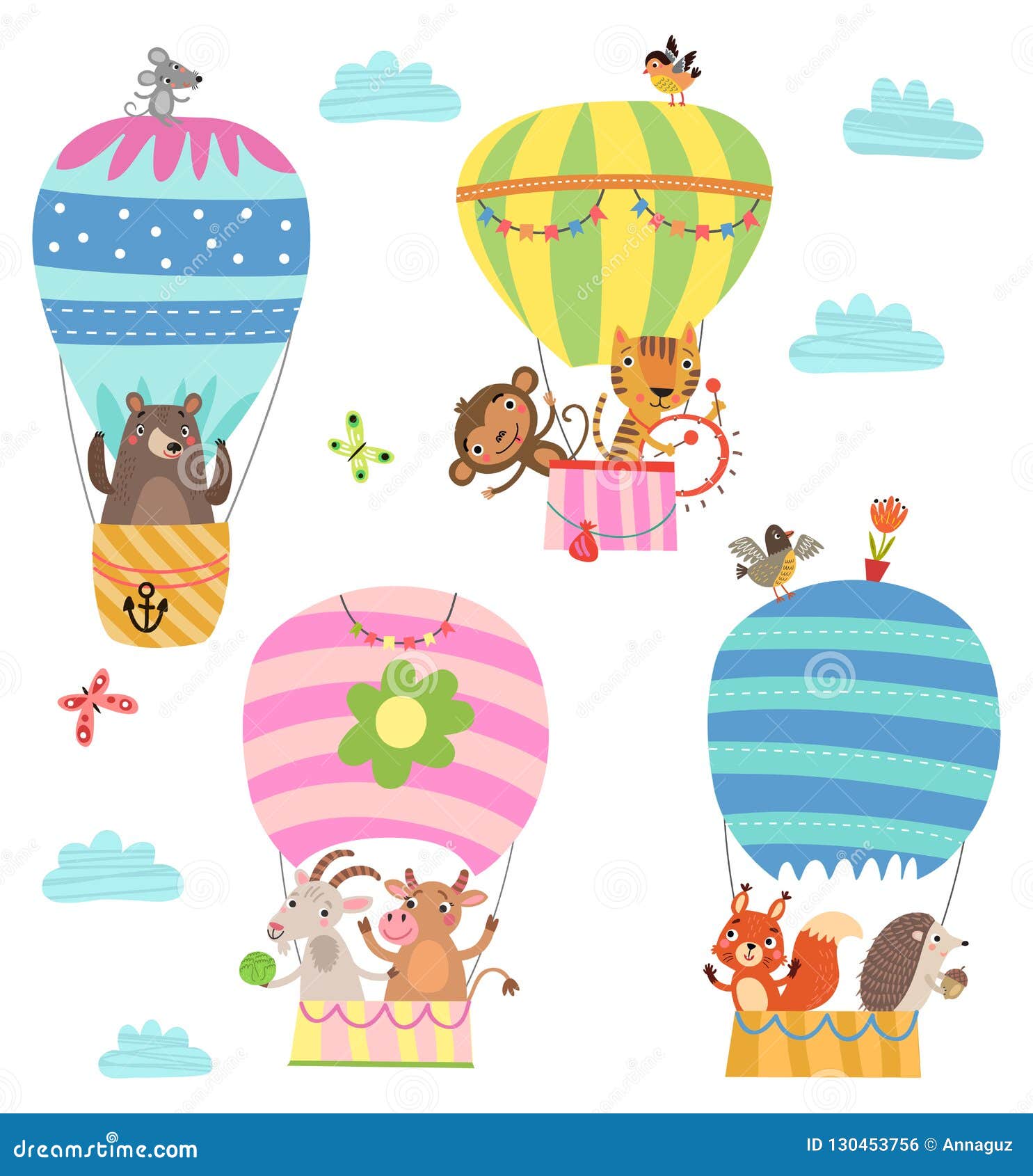 animals fly in a hot air balloon. 