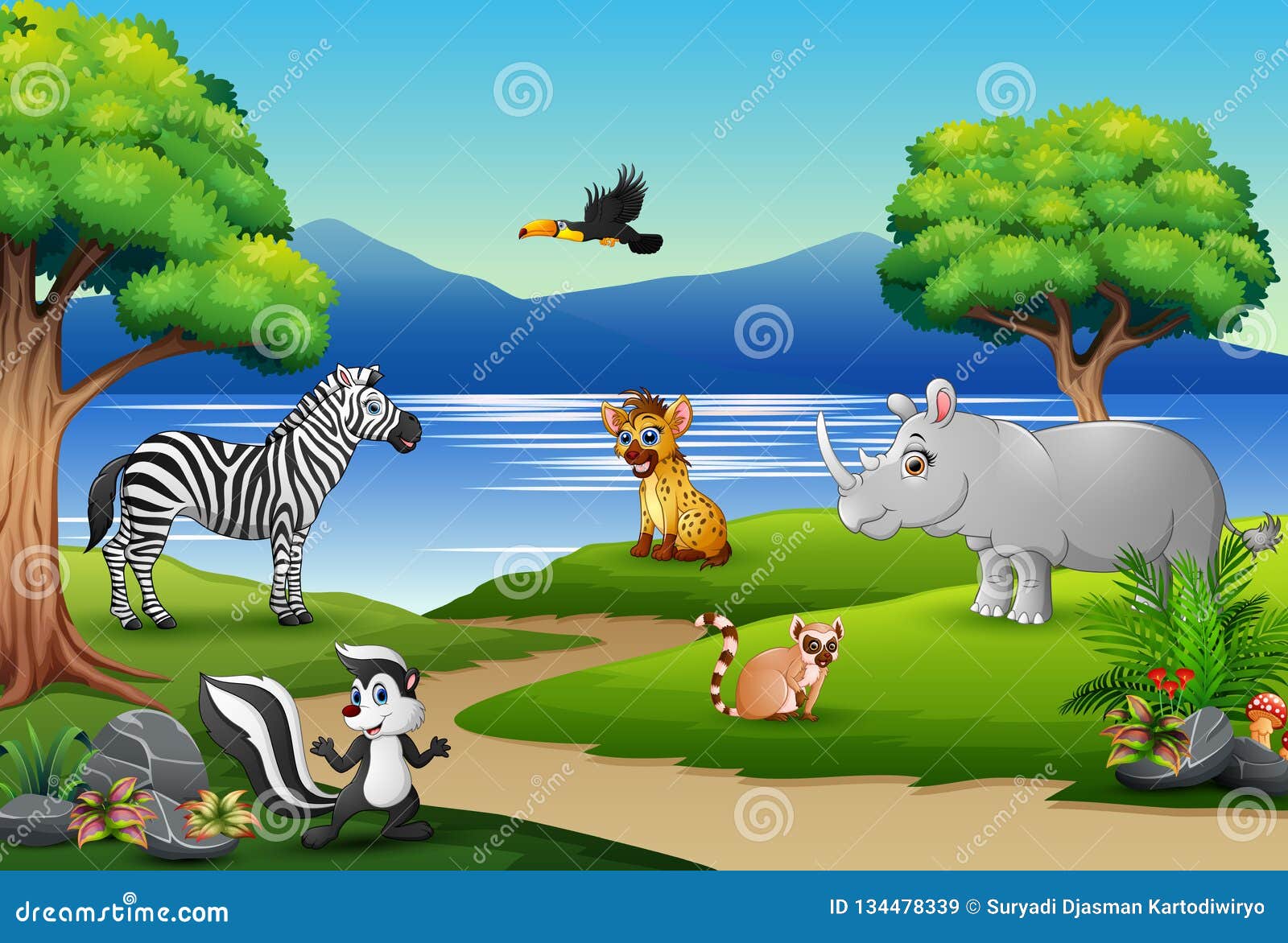 Happy Animals Cartoon on the Nature Scene Stock Vector - Illustration of  jungle, cartoon: 134478339