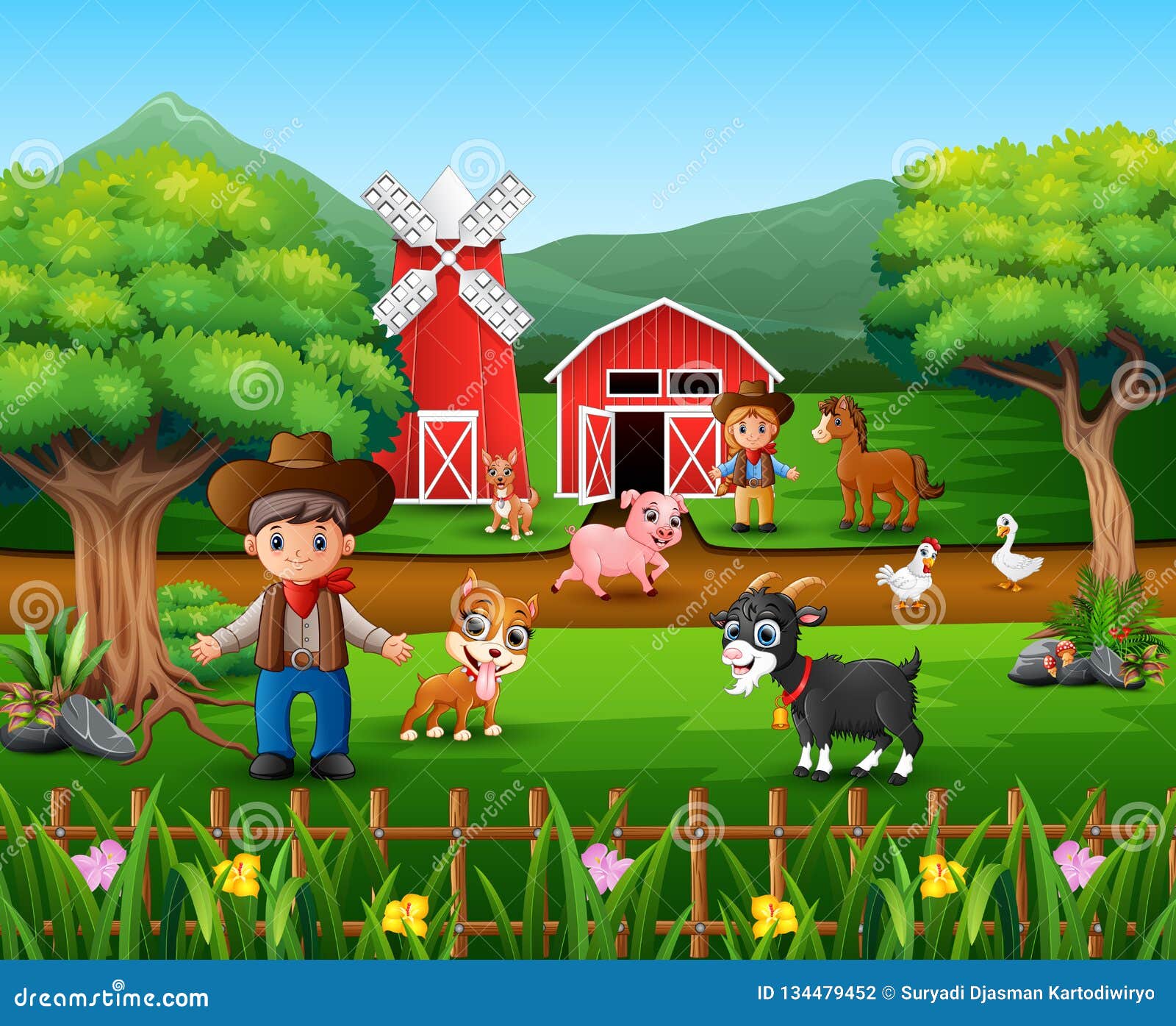 Farm Scenes with Many Animals and Farmers Stock Vector - Illustration ...