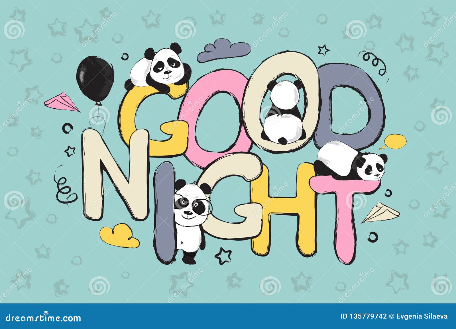 Good Night Greeting Card Design with Cute Panda Bears and Quote ...