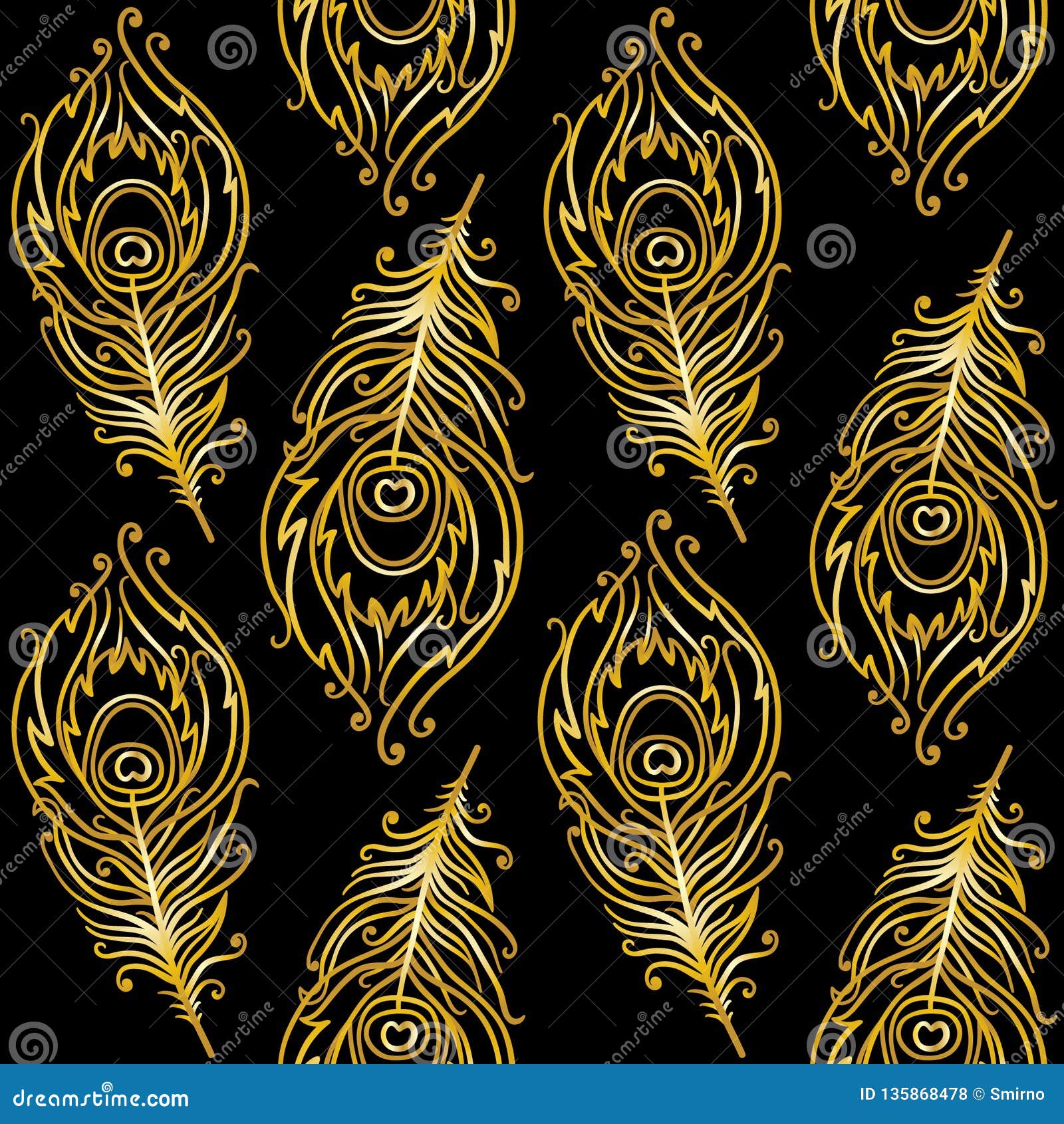 Gold Peacock Feathers on a Black Background. Stock Vector - Illustration of  beautiful, bird: 135868478