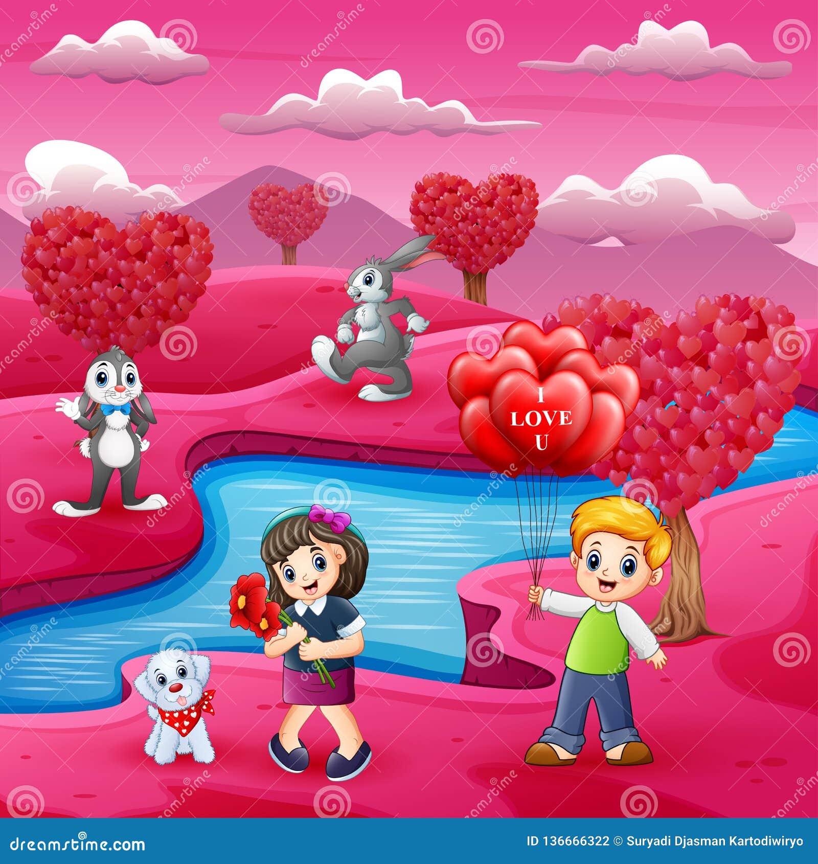 Childrens Cartoons Celebrate Valentine Day with Many Animal Stock Vector - Illustration of heart ...