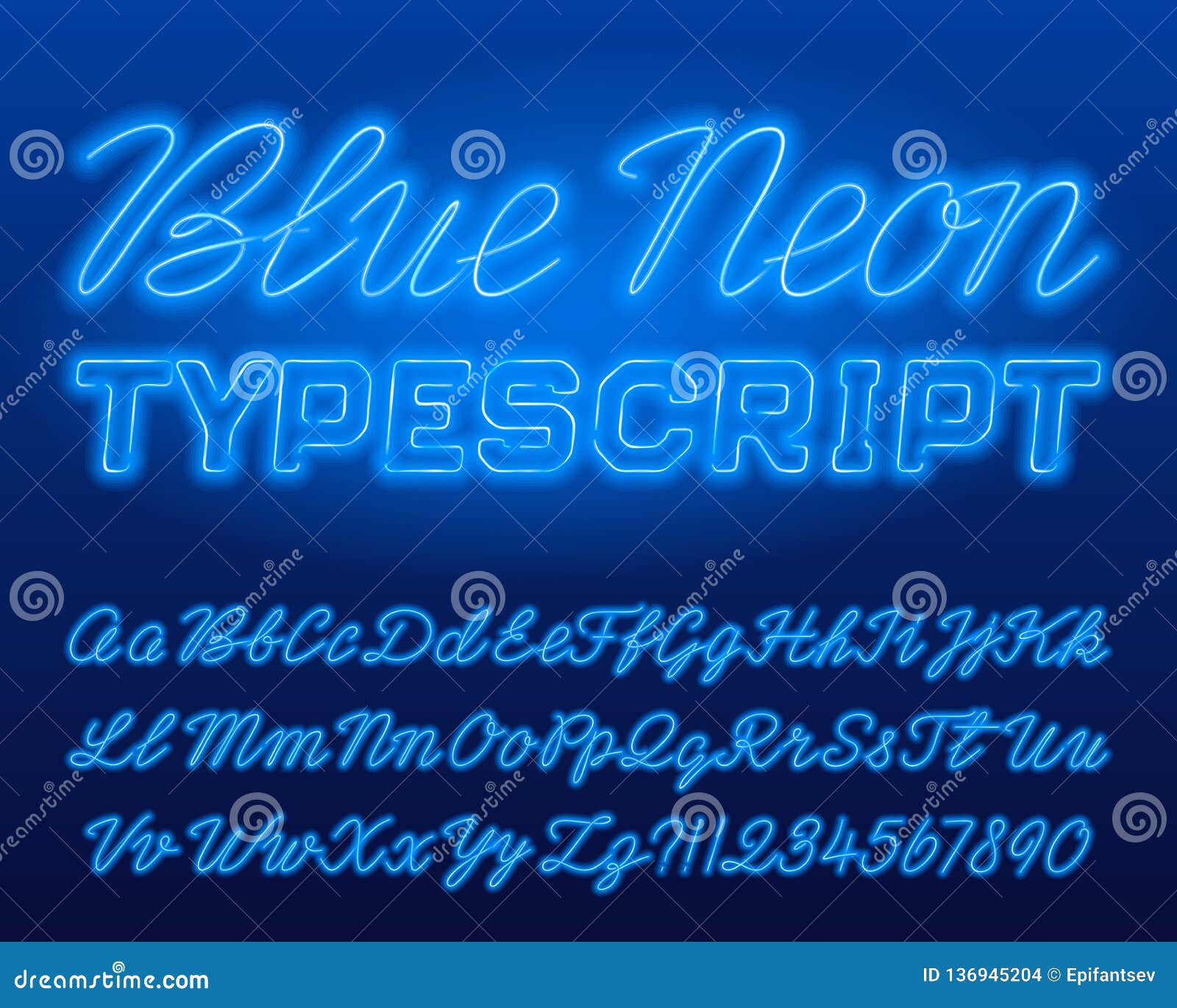 blue neon typescript. blue color lowercase and uppercase shiny letters and numbers.