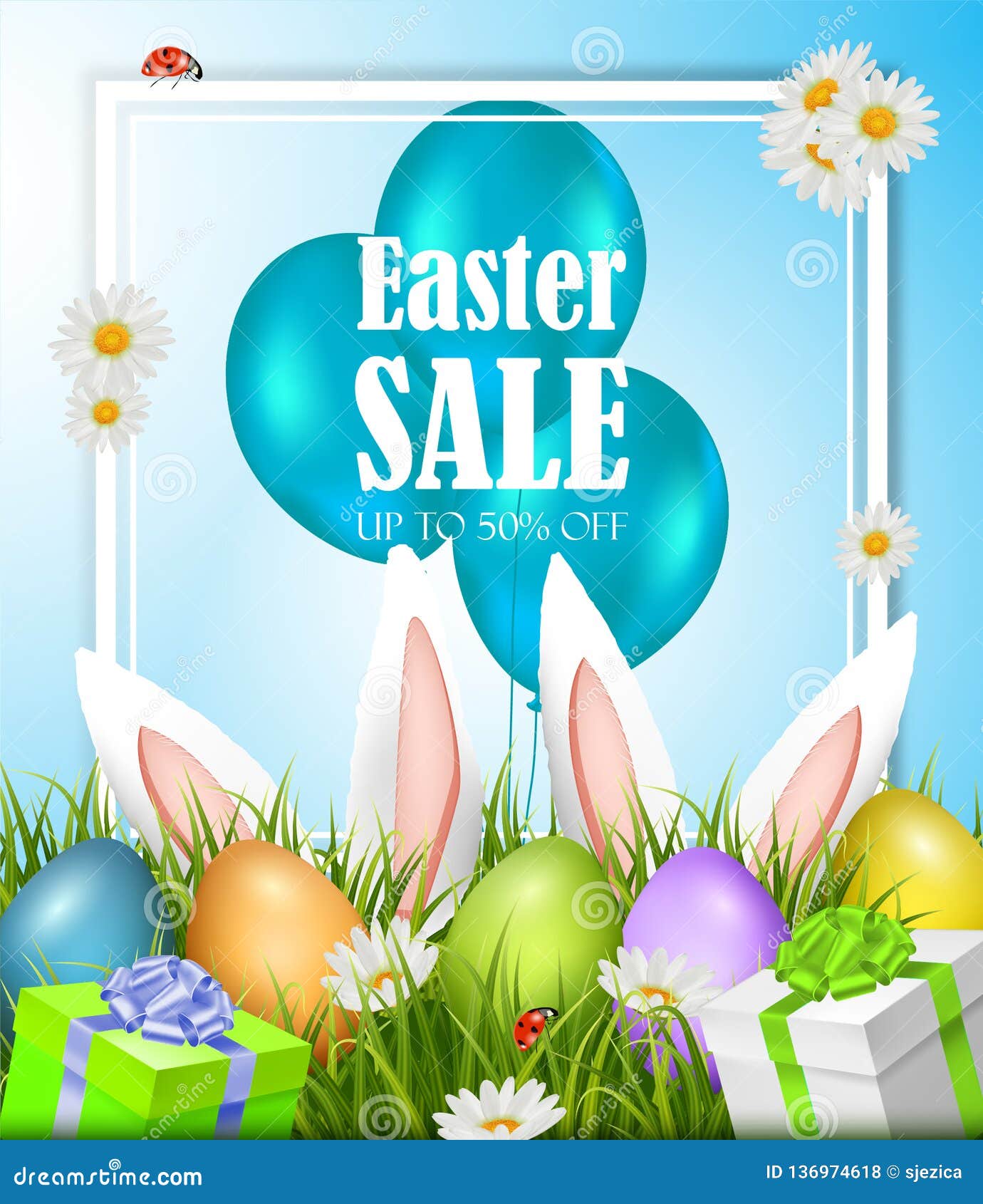 Easter Sale Poster with Eggs and Rabbits. Vector Stock Vector