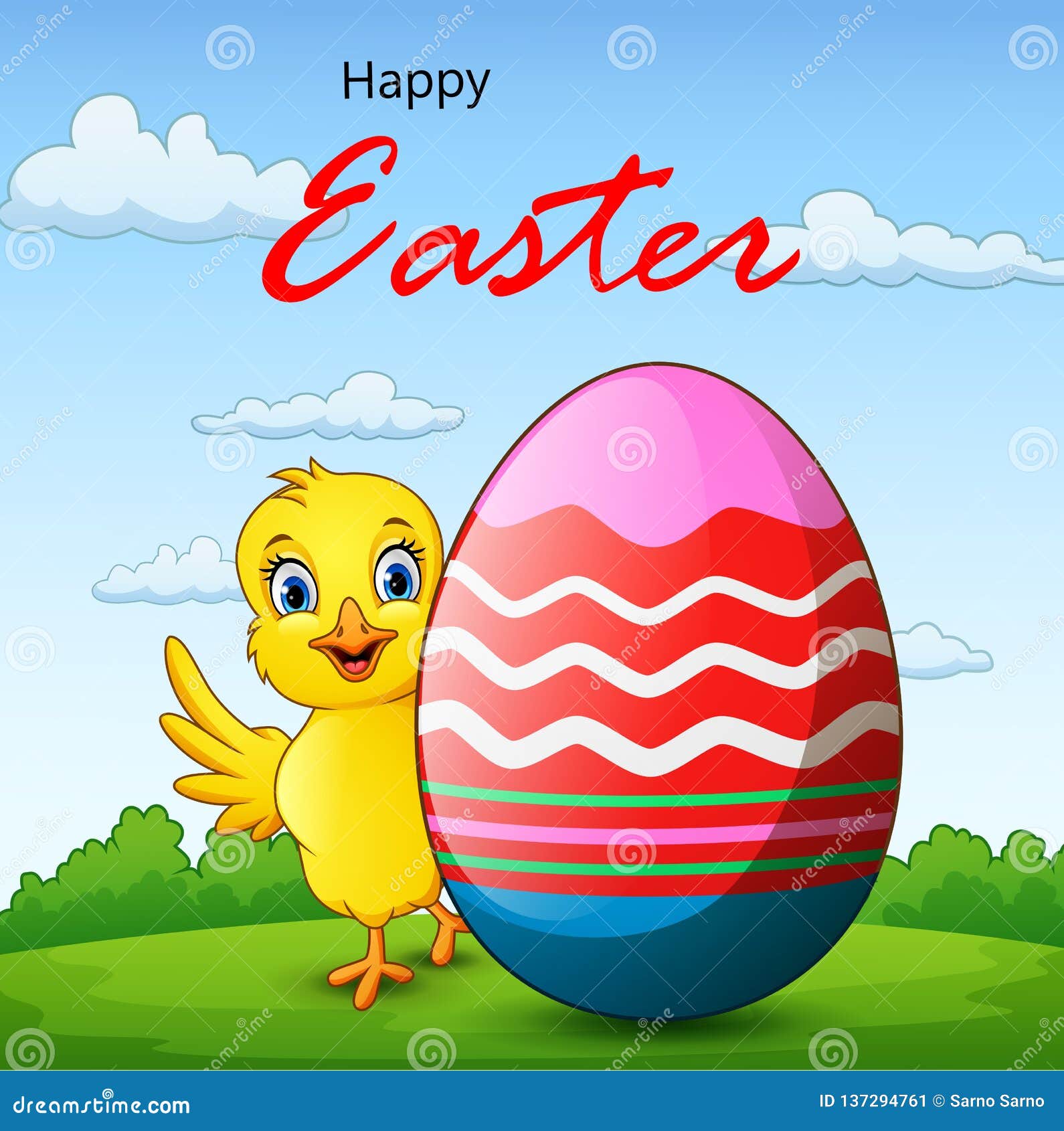 Cartoon Little Chick with Easter Egg with Background Stock Vector