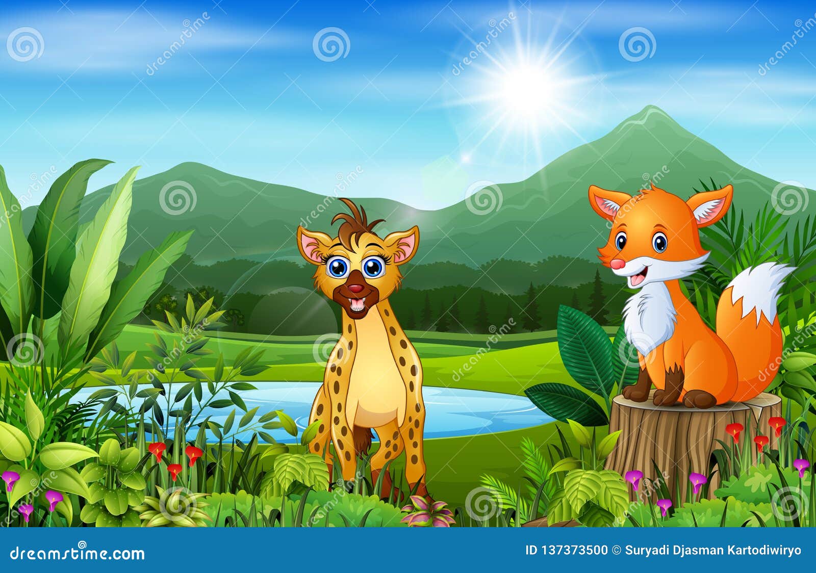 Wild Animal Cartoons with Beautiful Green Scenery Stock Vector