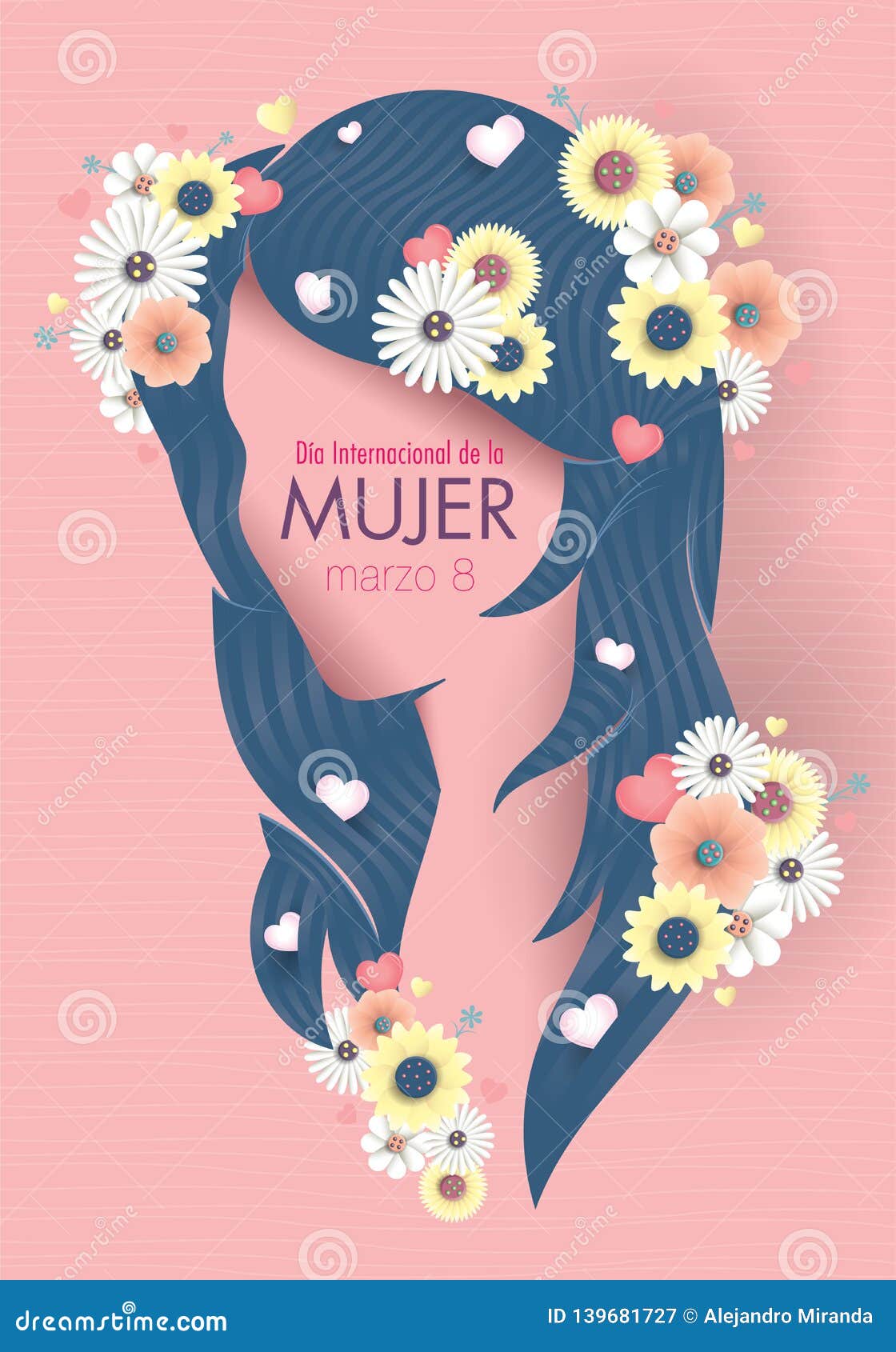 greeting card of international women s day in spanish language. silhouette of woman head with long blue hair decorated with hearts