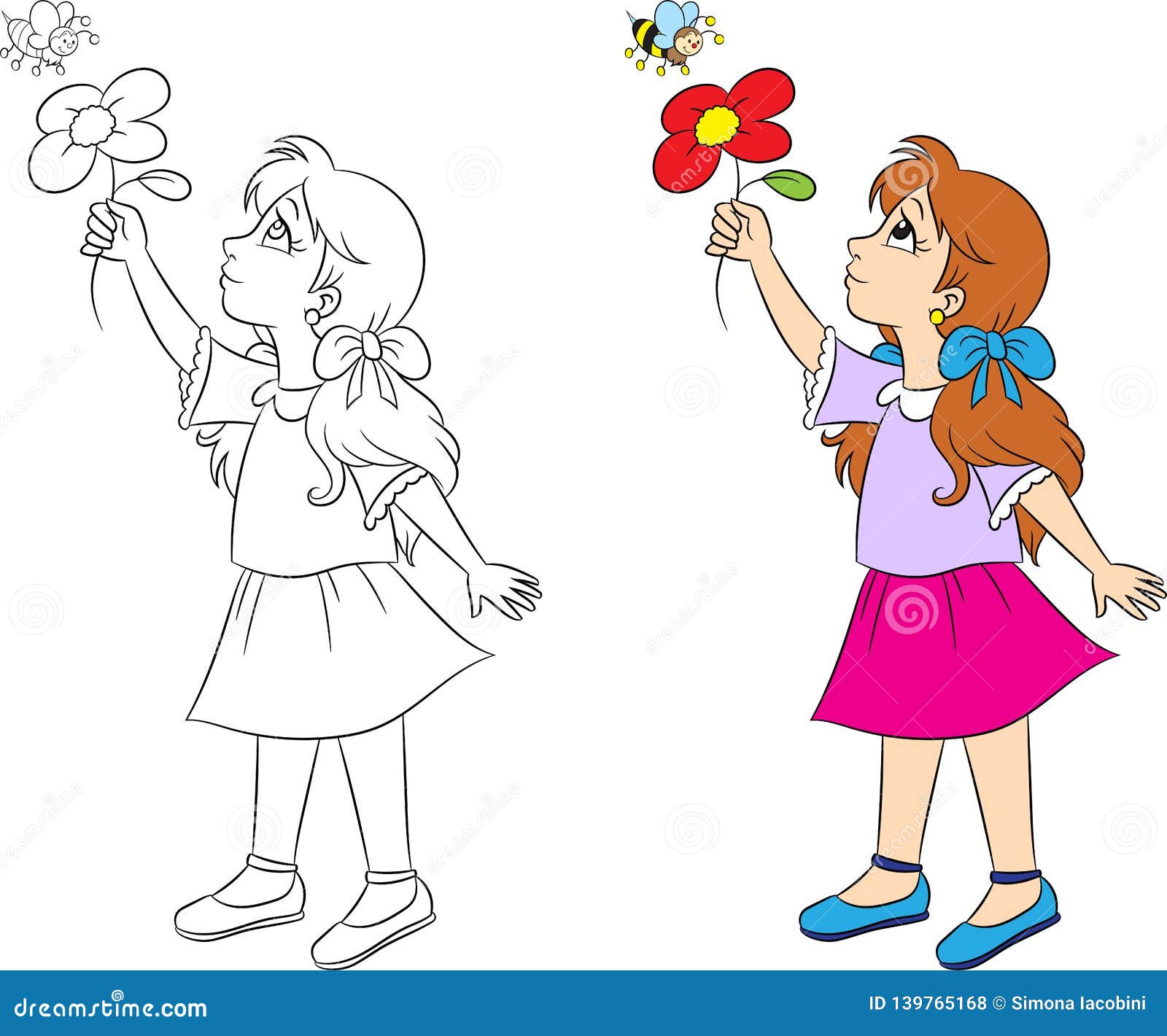 Download Before And After Contour And Color Kawaii Drawing Of A Girl Showing A Flower To A Bee For Children S Coloring Book Or Game Stock Vector Illustration Of Flying Beautifully 139765168