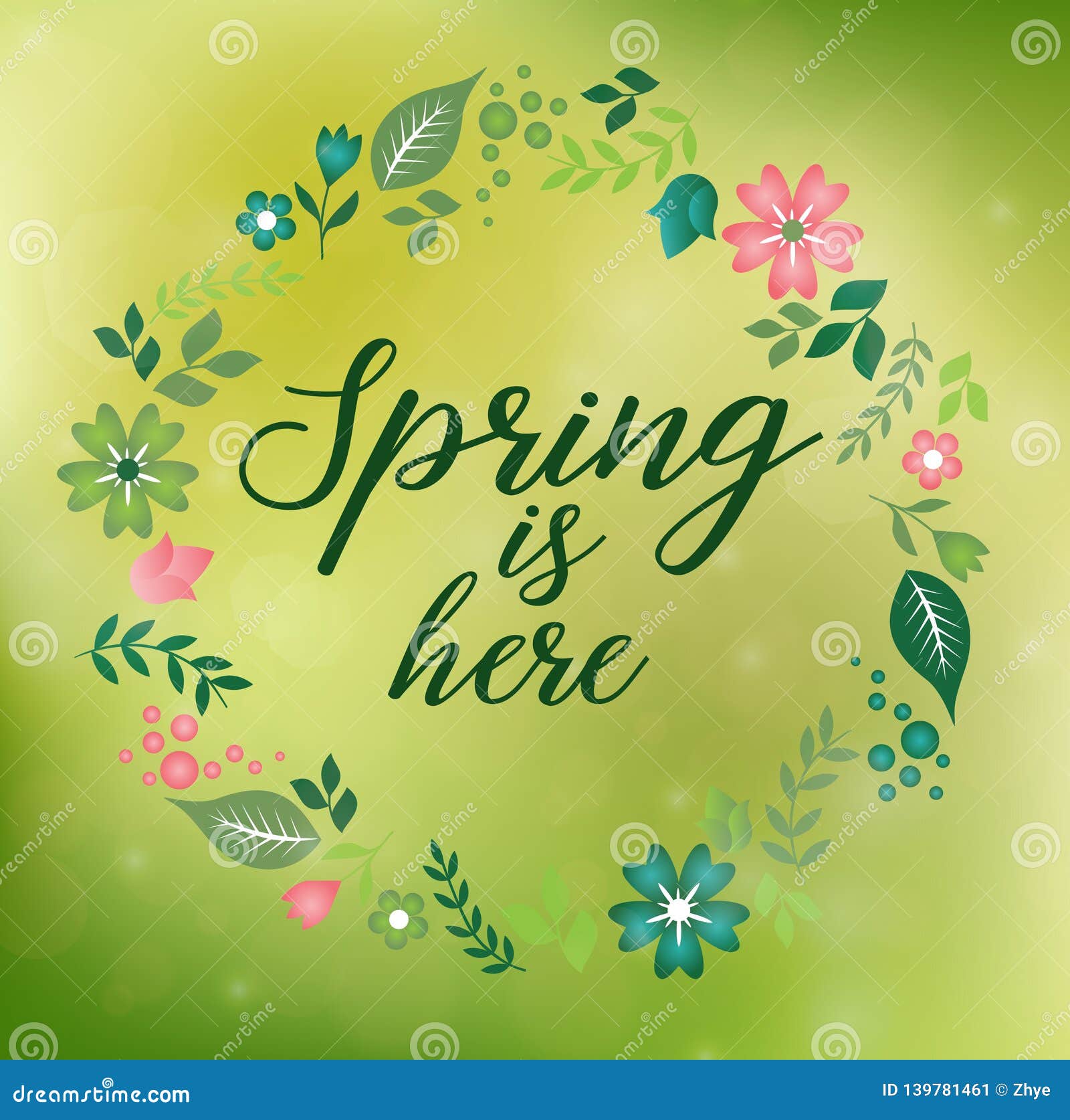 Romantic Floral Wreath with Quote Spring is Here Stock Vector