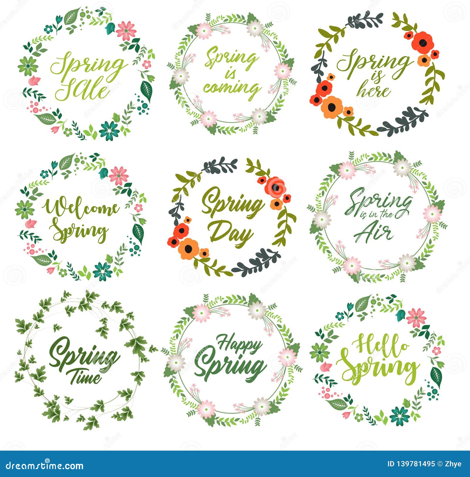 Spring Quotes Set with Floral Wreath Stock Vector Illustration of