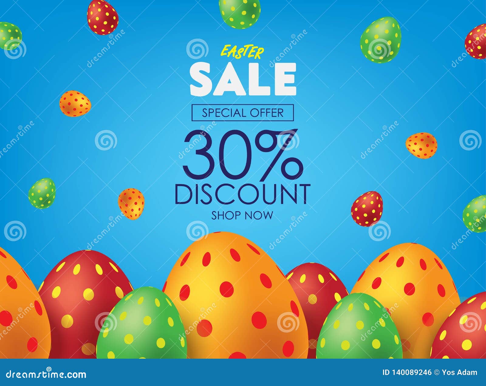 Blue Easter Sale Poster or Flyer with Colorful Eggs. Advertising