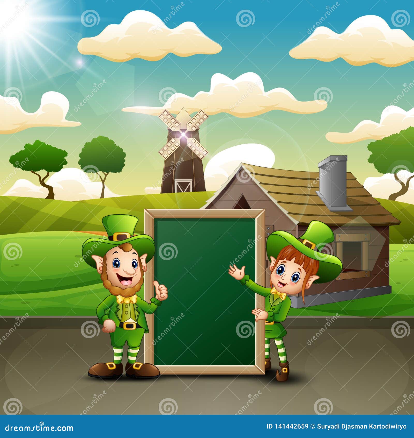 Man and Girl Cartoon Leprechaun with Green Chalkboard on the Farm