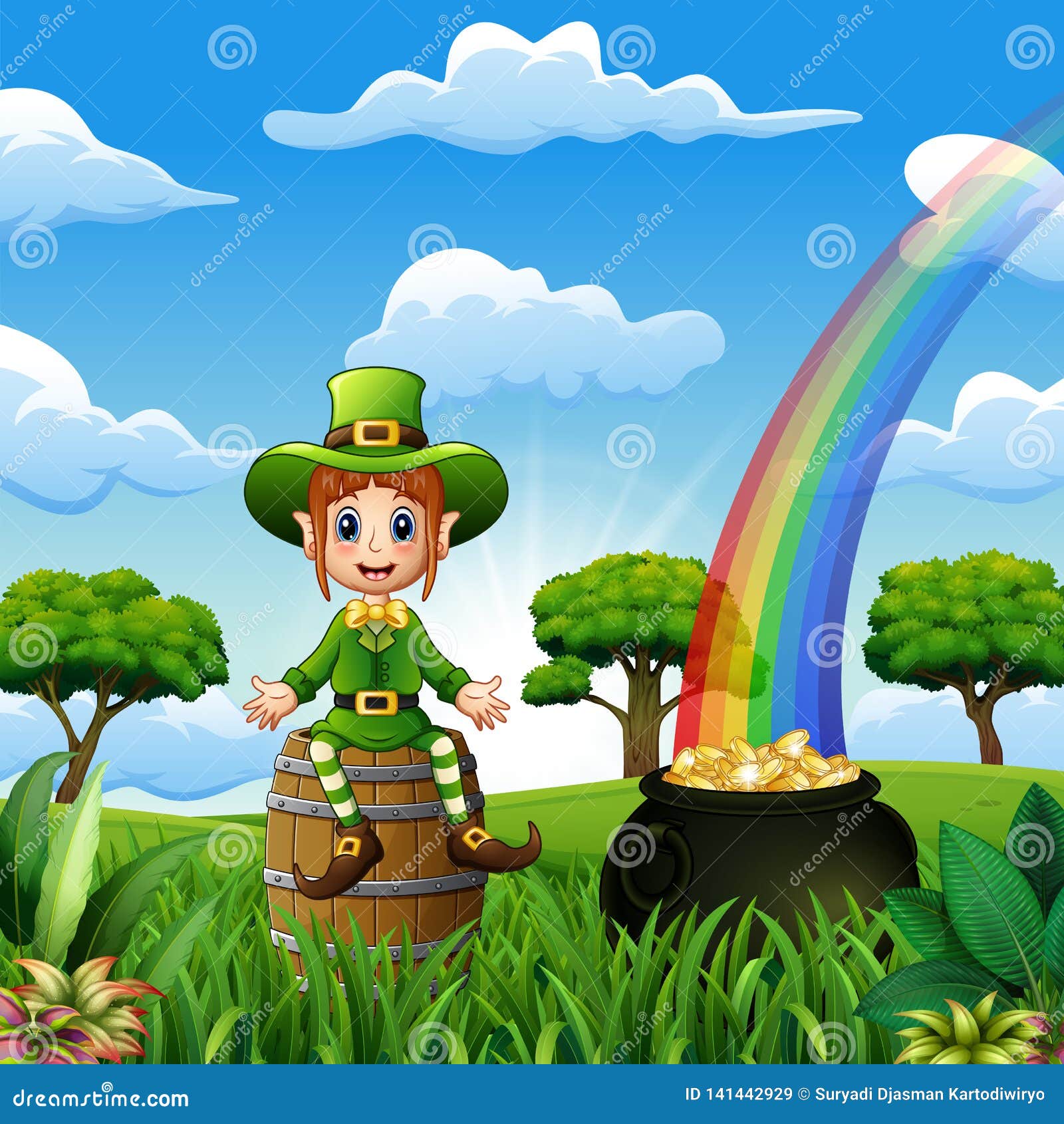 Happy Girl Leprechaun Sitting on the Wooden Barrel Stock Vector ...