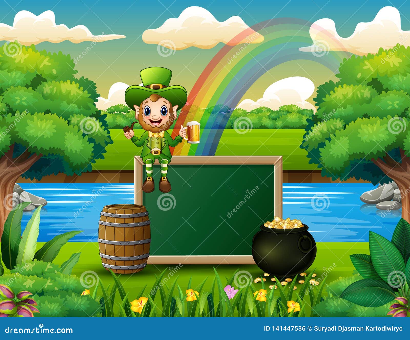 Cartoon Leprechaun Sitting Above Chalkboard with a Nature Landscape