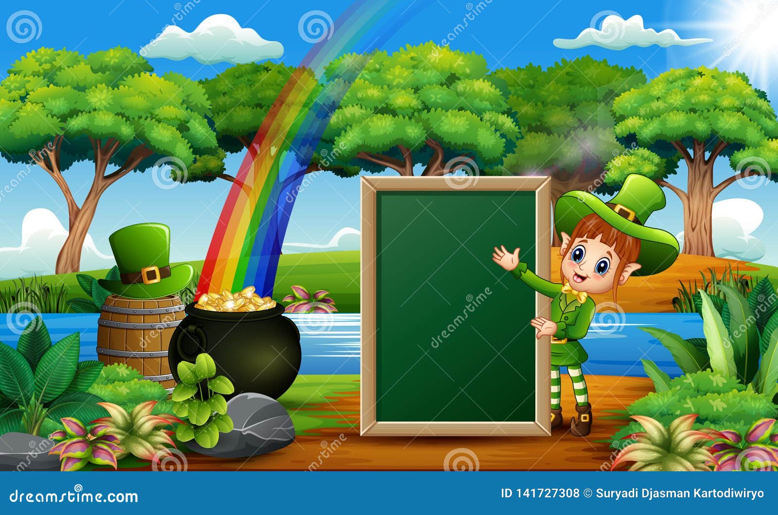 Leprechaun Girl with a Chalkboard Sign on the Nature Stock Vector