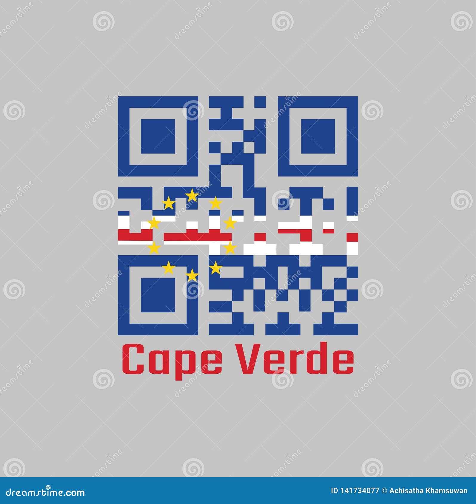 qr code set the color of cape verde flag. horizontal bands of blue white and red with the circle of ten star.