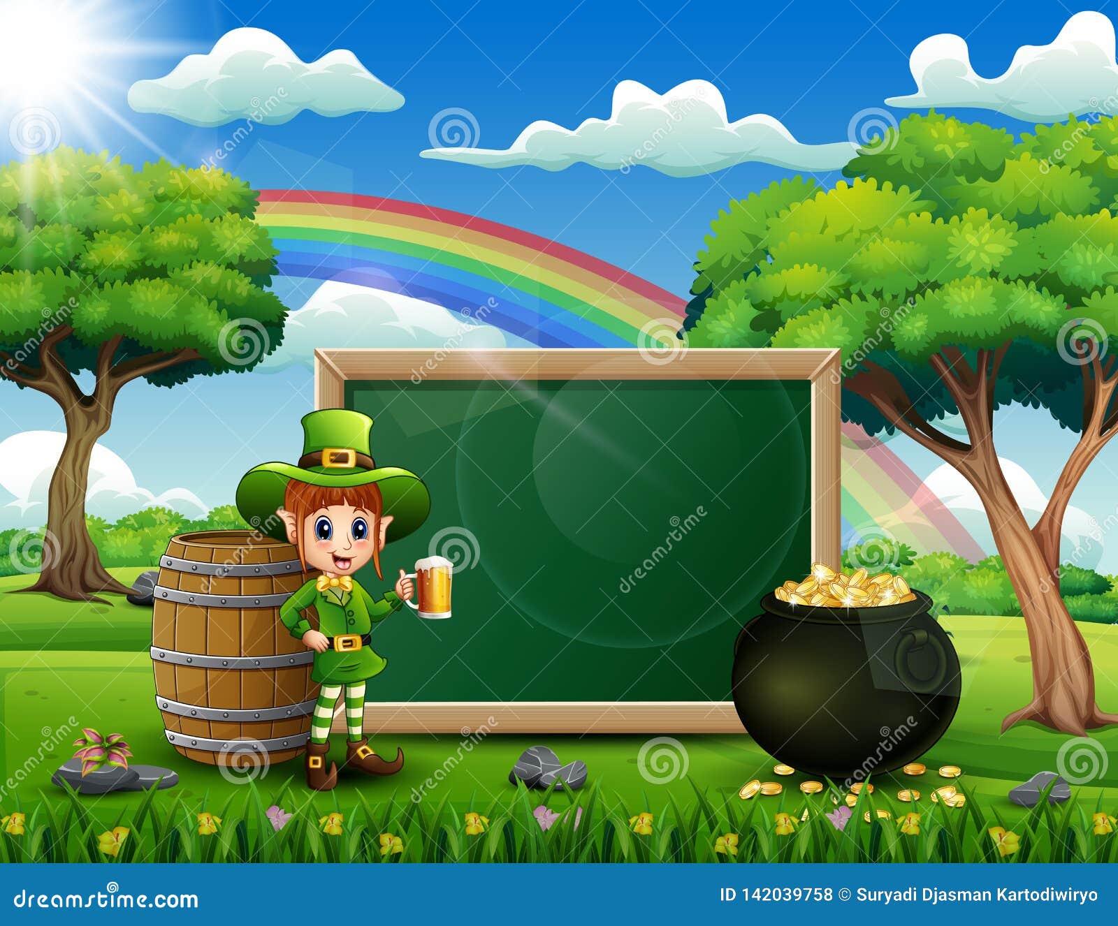 Leprechaun Girl with a Chalkboard Sign with Nature Background Stock
