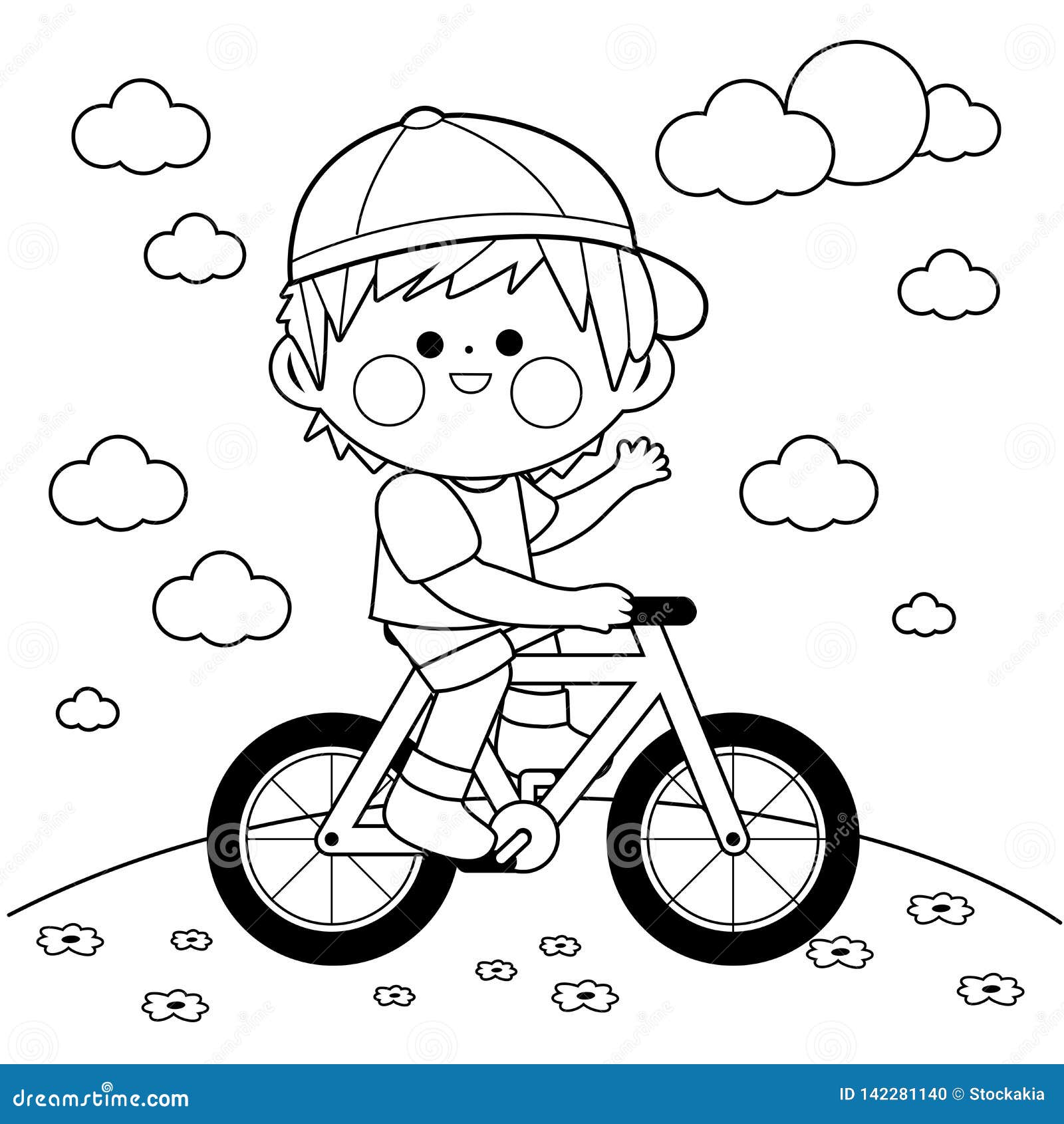 Boy Riding a Bicycle at the Park. Black and White Coloring Book Page