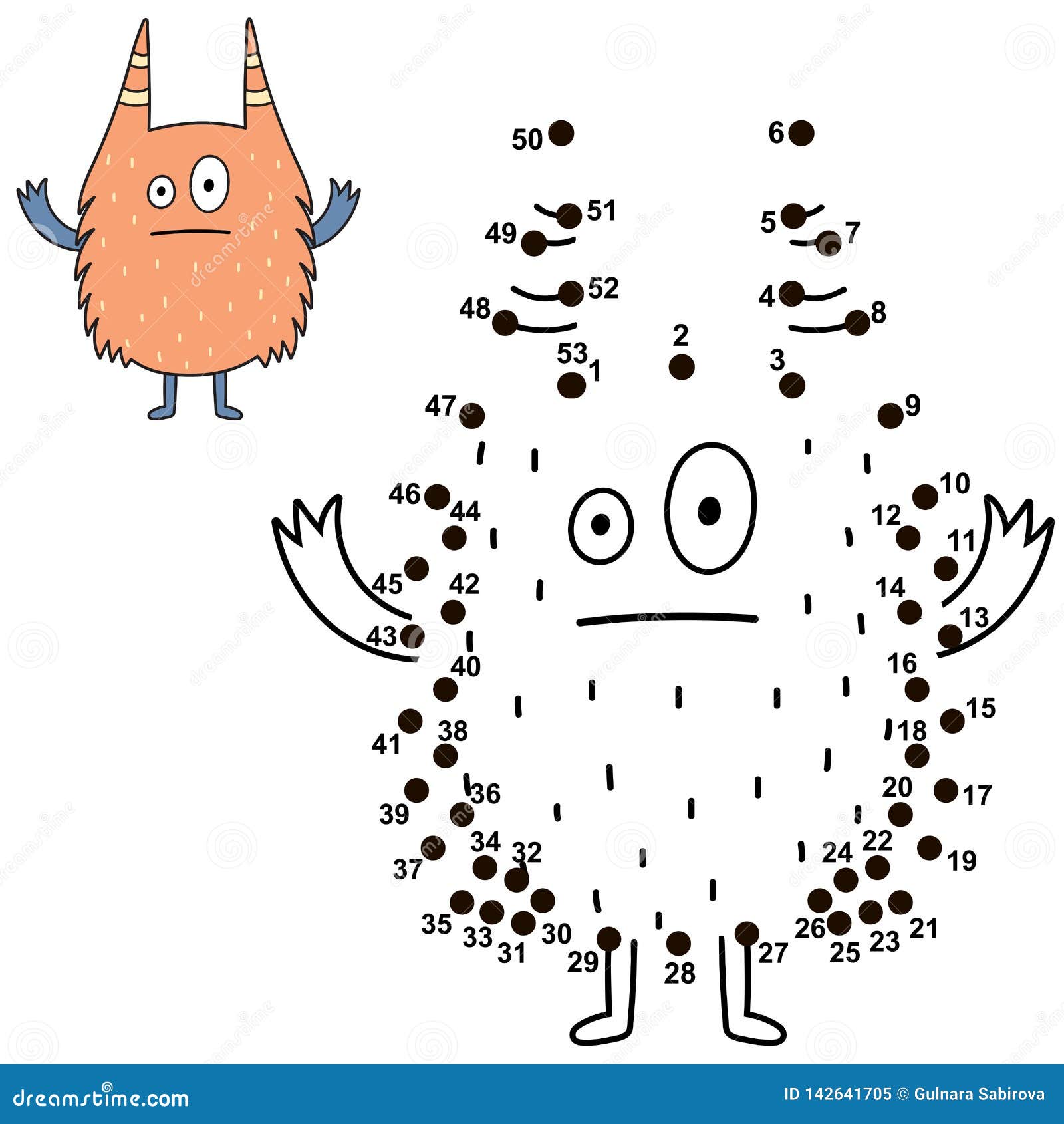 connect the dots and draw a funny monster. numbers game for children