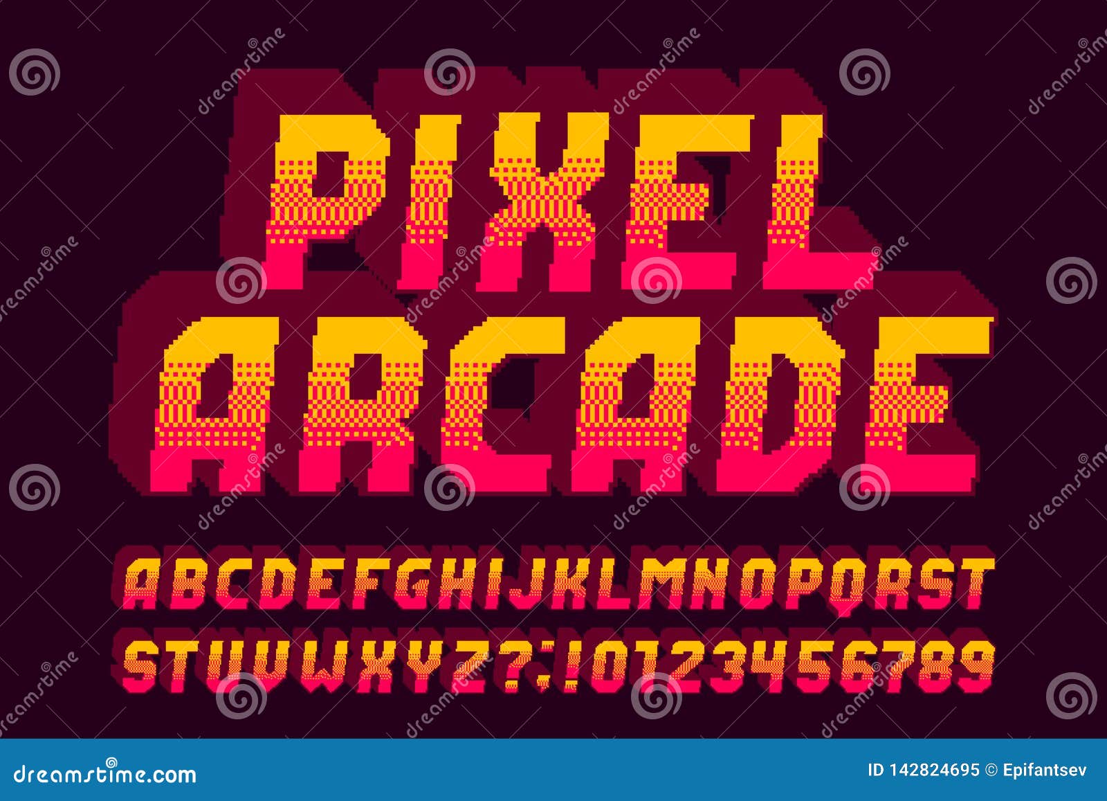 pixel arcade alphabet font. 3d effect letters, numbers and s.