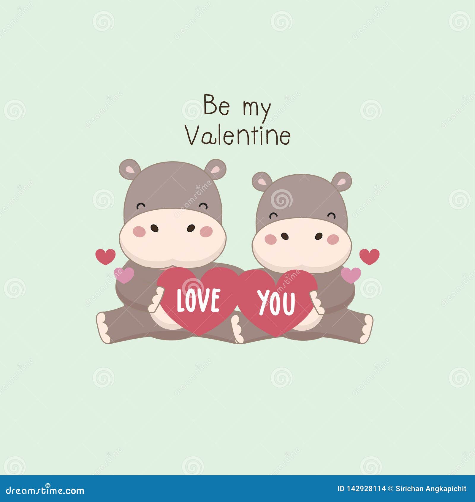 Happy valentine greeting card.Couple Hippo with big pink heart.