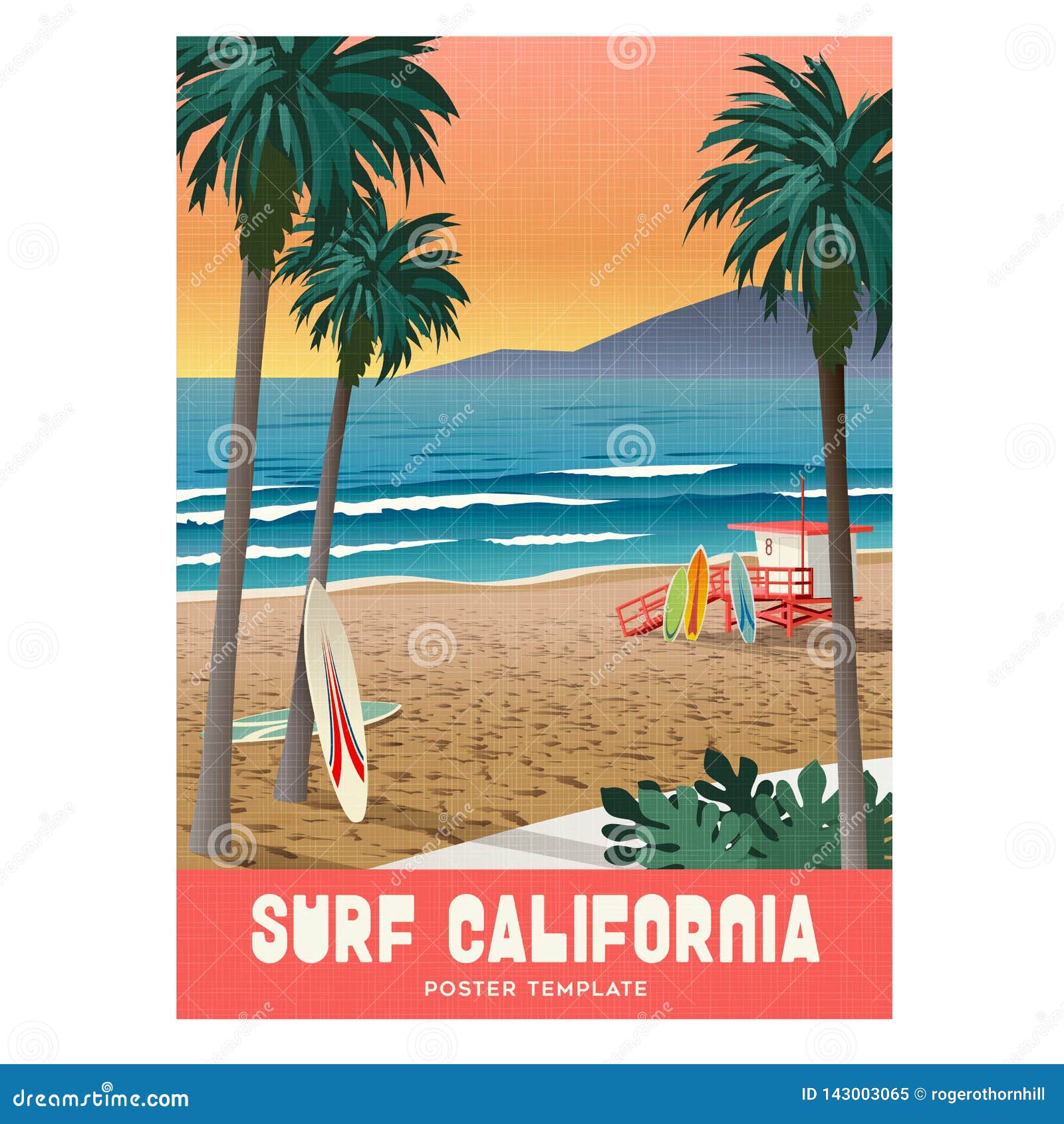 California Beach Surfing Travel Poster with Sunset and Palm Trees. Stock Vector Illustration