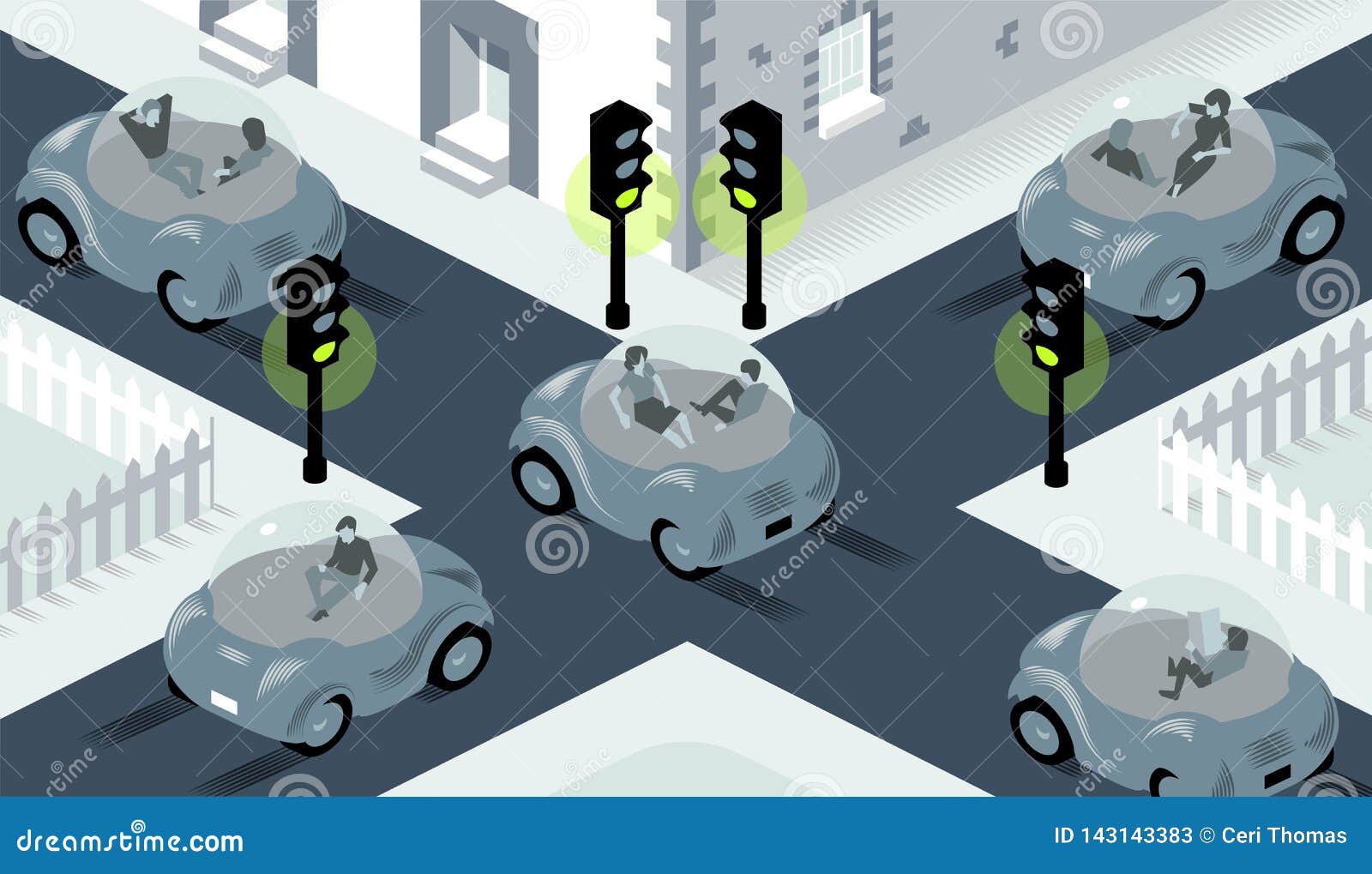 Illustration of Self Driving Cars Crossing on Busy Intersection, Where