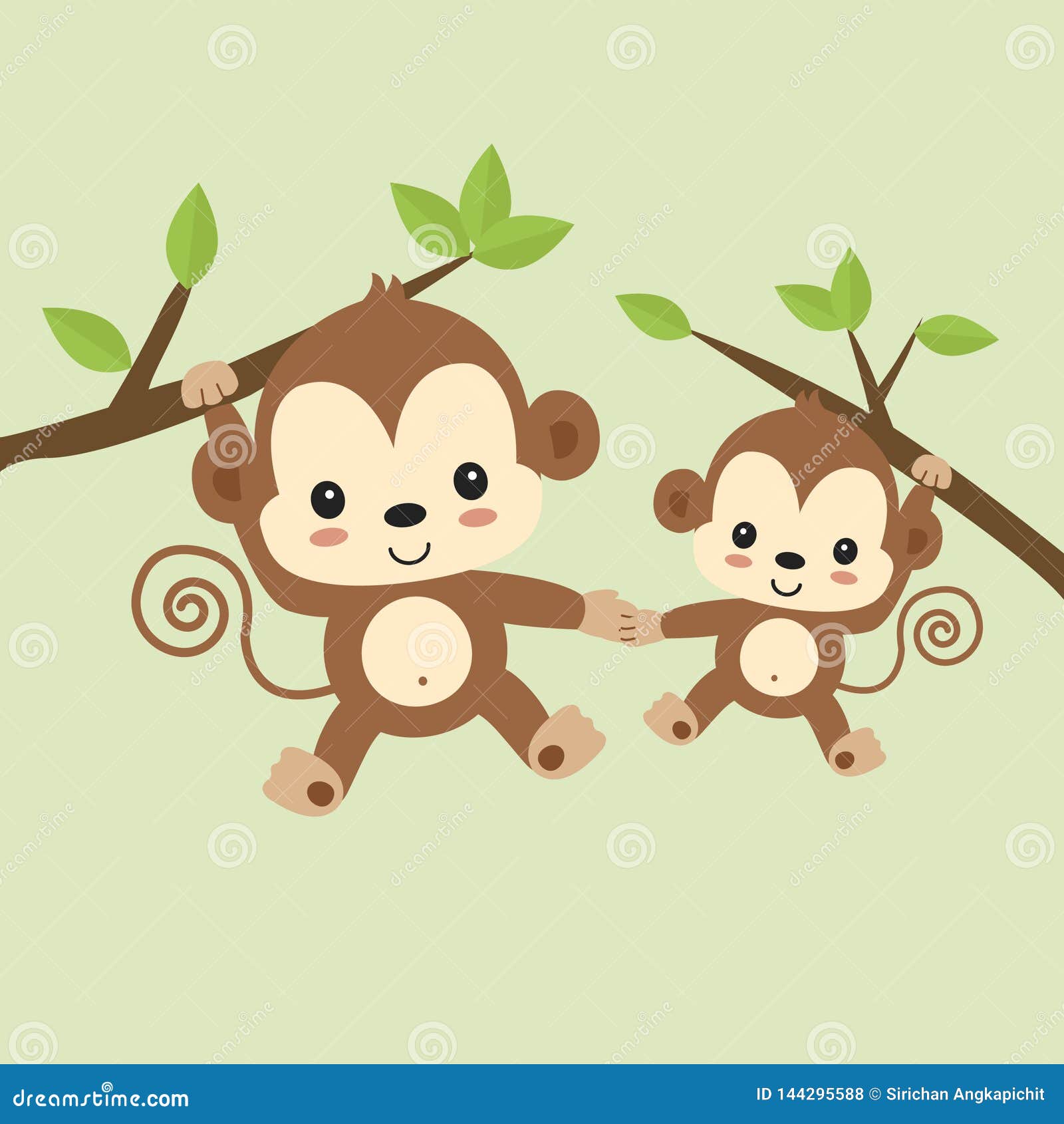Cute Mom and Baby Monkey Hanging on Tree. Stock Vector - Illustration of  monkey, character: 144295588