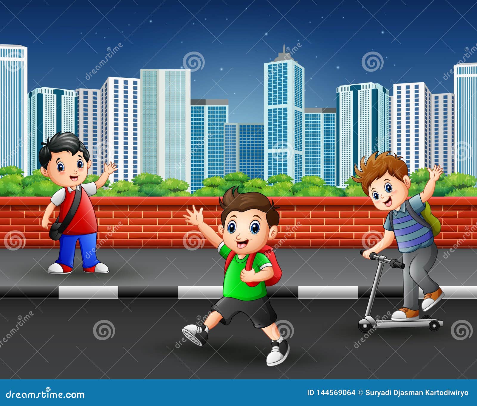 Children on the Sidewalk with Urban Scene Stock Vector - Illustration ...