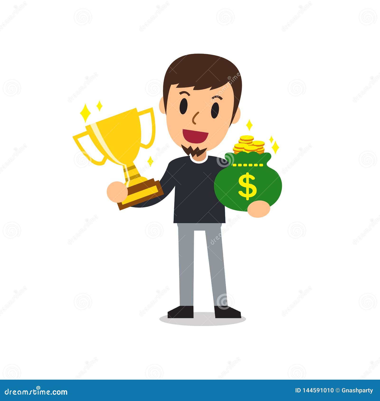 Cartoon a Man Holding Trophy and Money Bag Stock Vector - Illustration of  finance, concept: 144591010