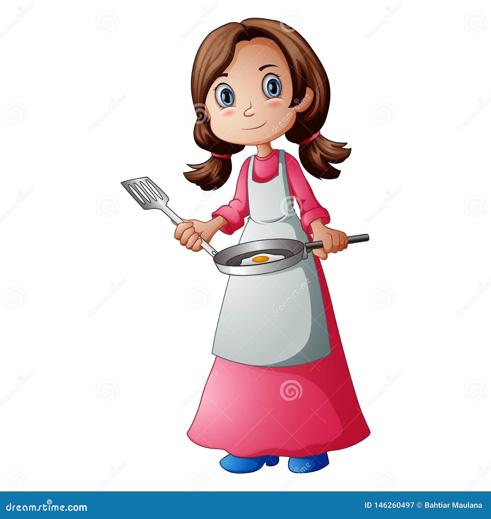 Happy woman cooking an egg stock vector. Illustration of heater - 146260497
