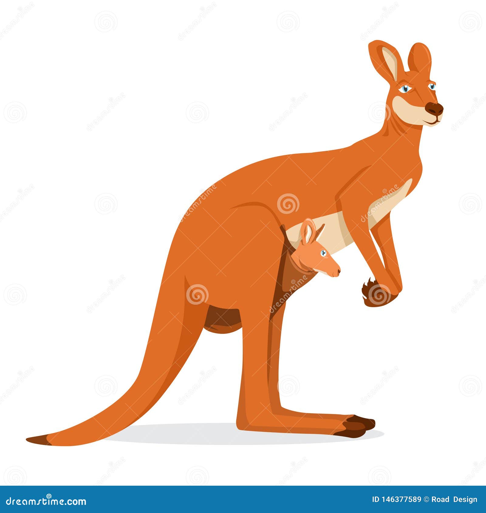 Kangaroo Female with Joey in Pouch Vector Illustration, Side View