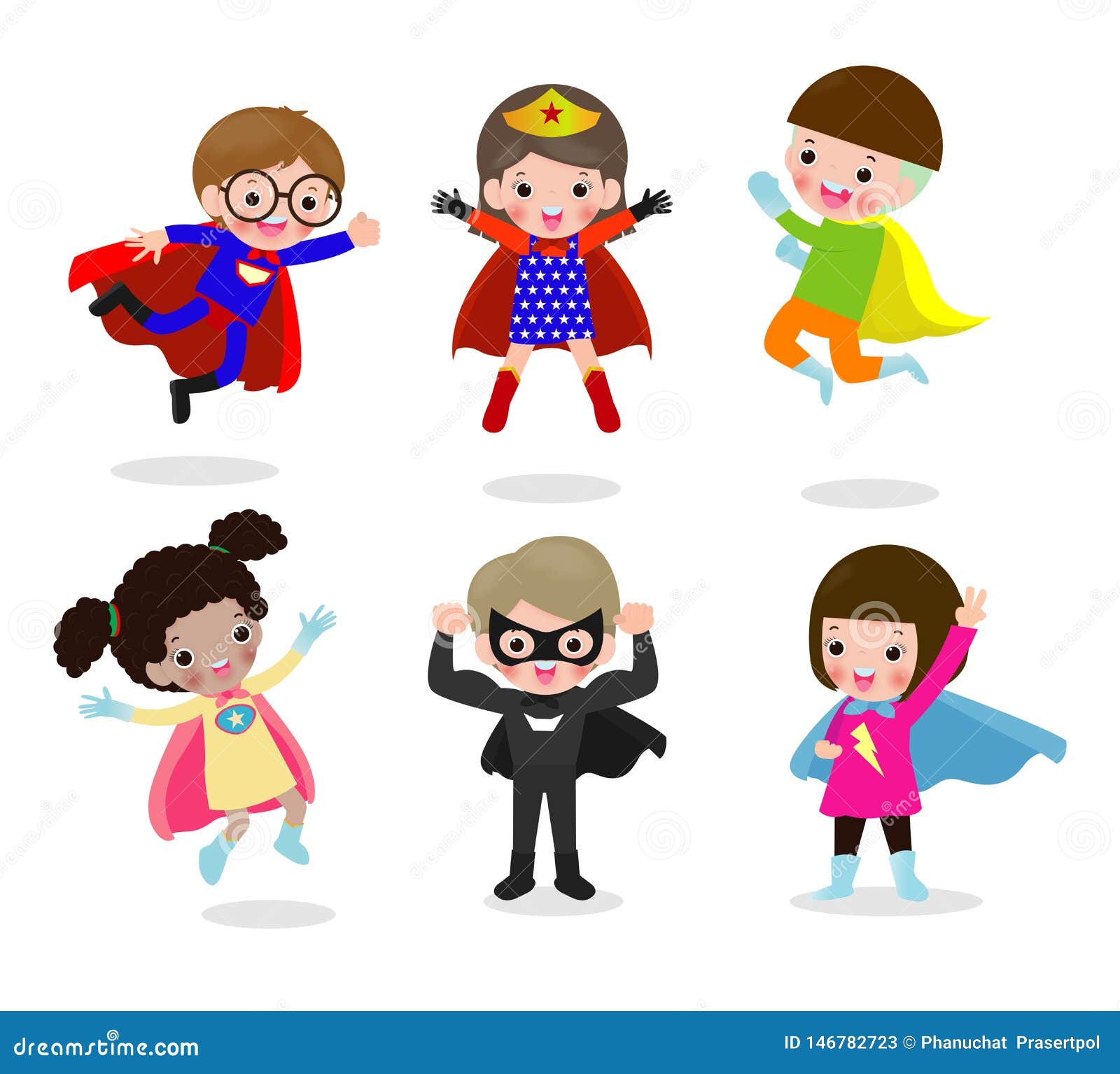Cartoon Set of Kids Superheroes Wearing Comics Costumes, Children with ...