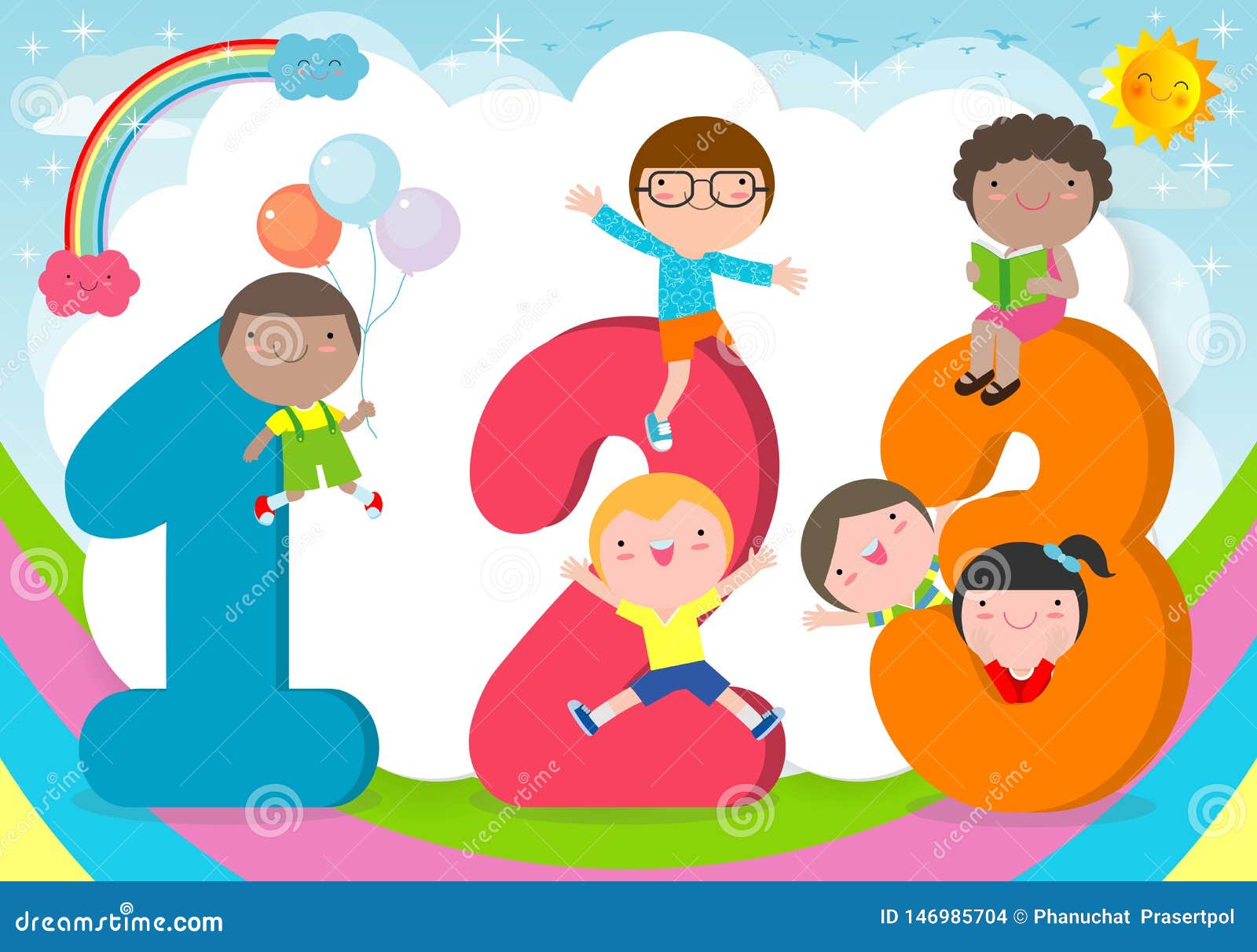 Cartoon Kids With 123 Numbers Children With Numbersvector