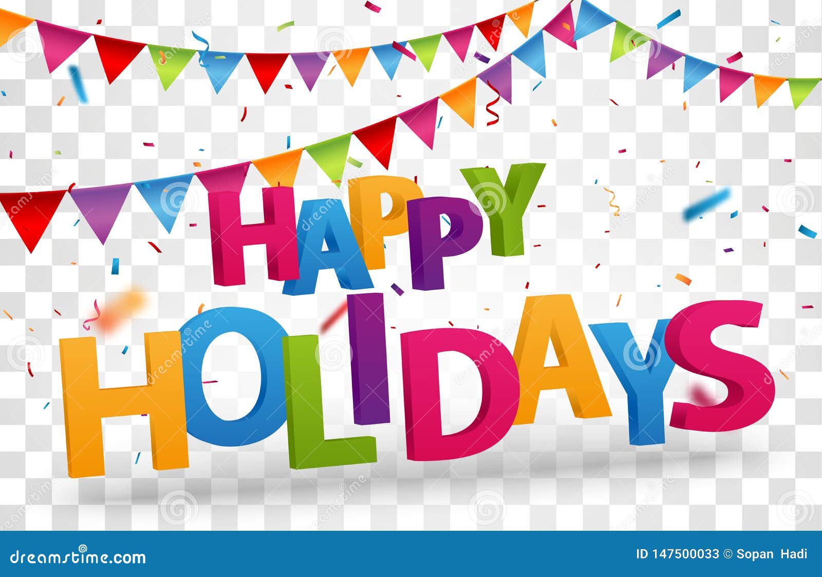 Happy Holidays Design Letters with Colorful Ribbon and Confetti Stock