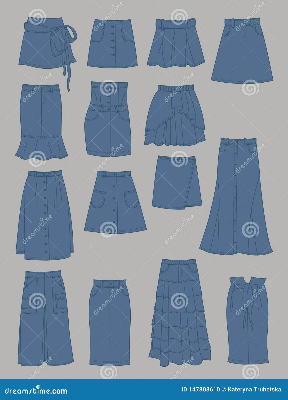 Set of Silhouettes of Denim Skirts Stock Vector Illustration of fashion, small 147808610